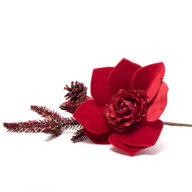 Pick Rosa Rossa in velluto con abetone e pigna, decorazioni Natalizie, confezionamento