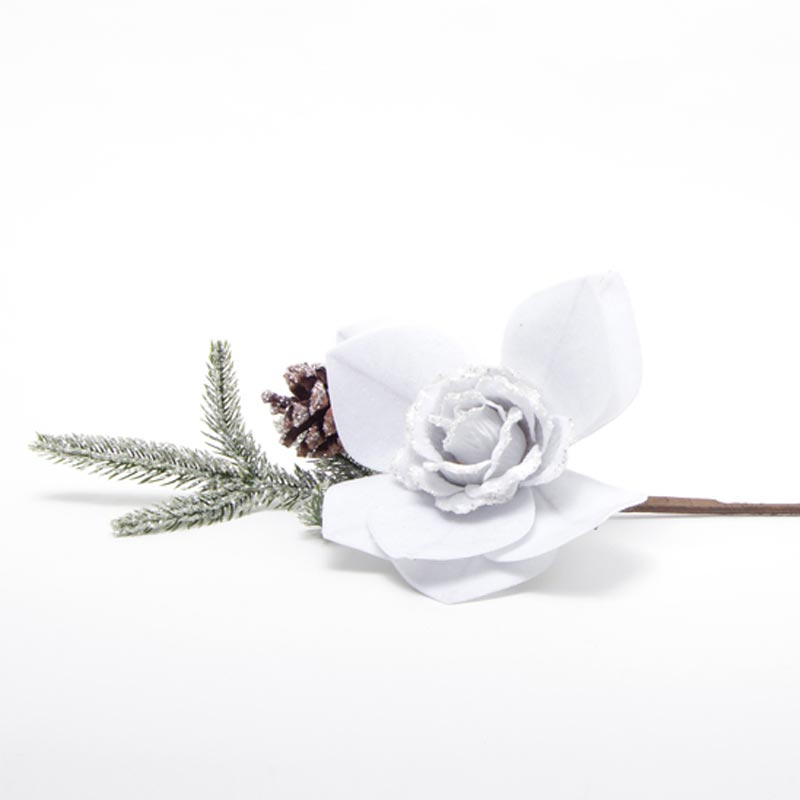 Pick Rosa Bianca in velluto con abetone e pigna, decorazioni Natalizie, confezionamento