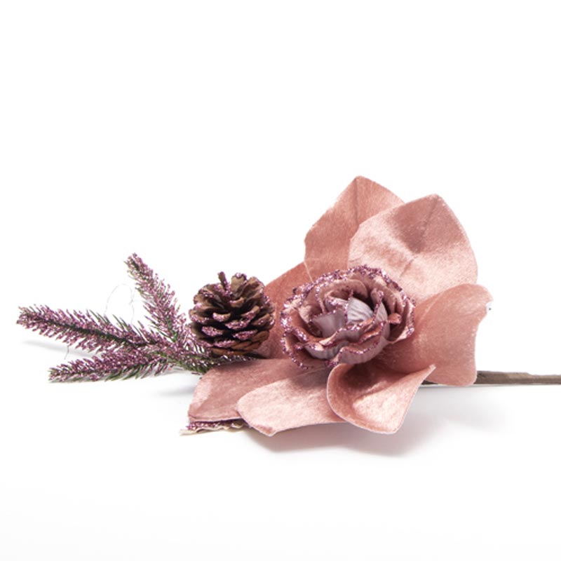 Pick Rosa Rosa in velluto con abetone e pigna, decorazioni Natalizie, confezionamento