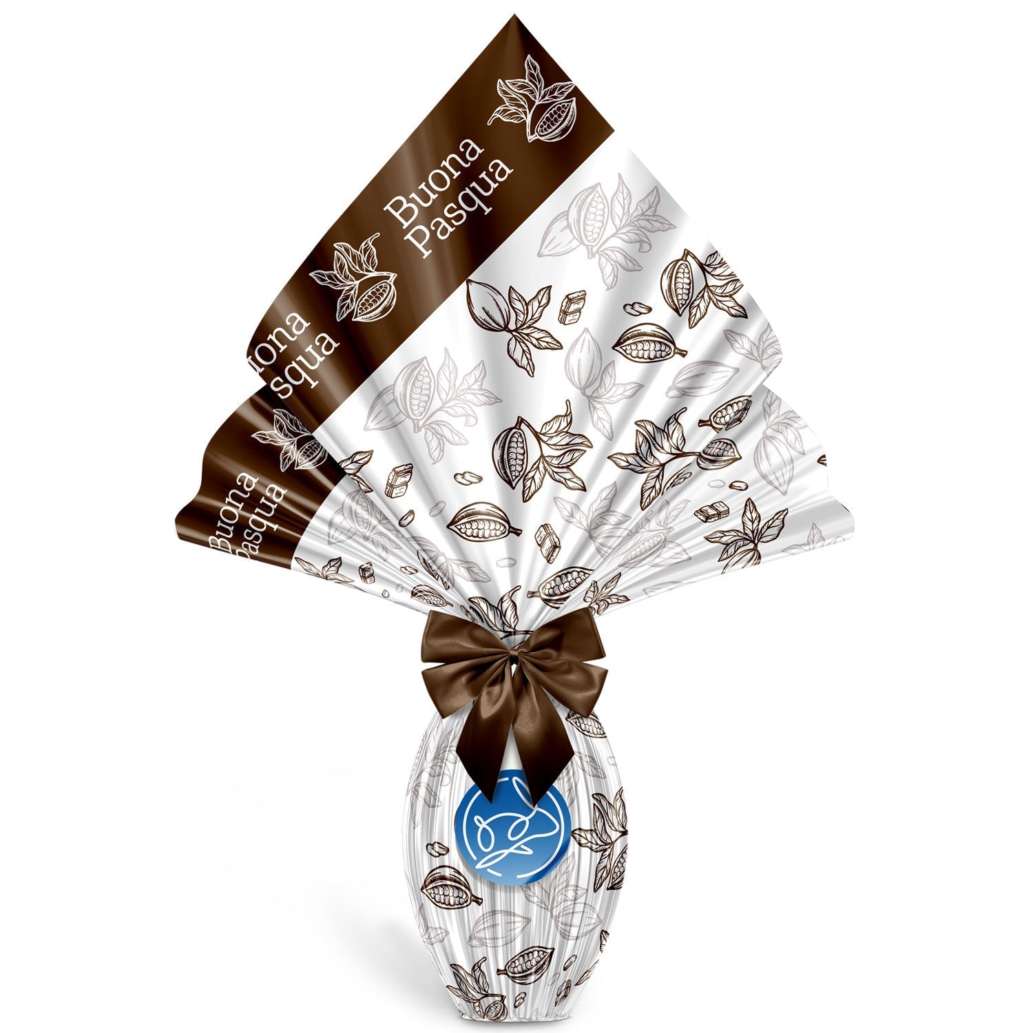 Incarto per uova di pasqua 140x140cm, fantasia Fave di Cacao e scritta Buona Pasqua