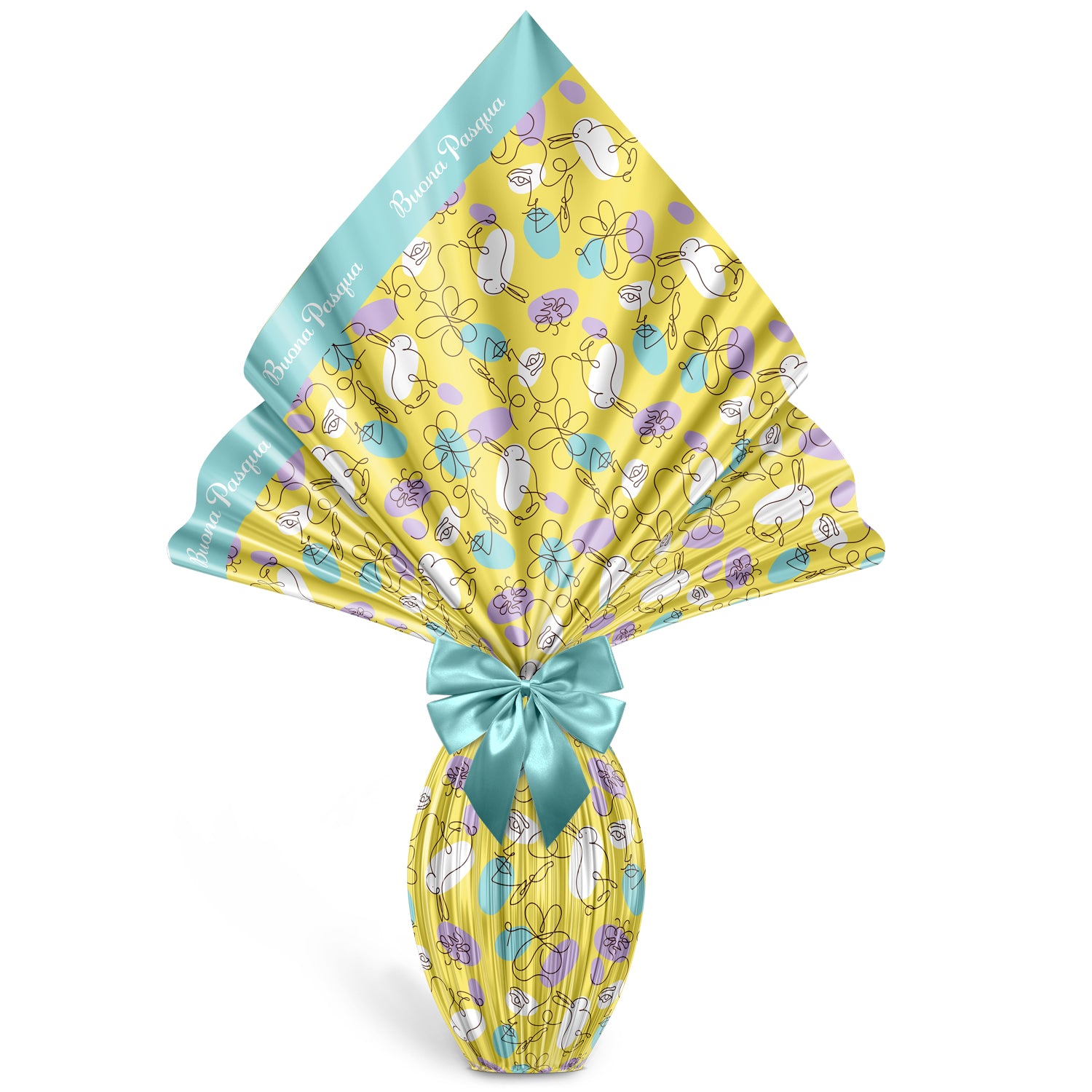 Incarto per uova di pasqua 110x110cm, fantasia sinuosa ed elegante, colore Tiffany in fascia con scritta Buona Pasqua e Giallo su fondo. Le delicate linee continue, in colore marrone, creano un volto da donna e un dolce coniglio.  Scopri i nostri prodotti su De Luca Collection.