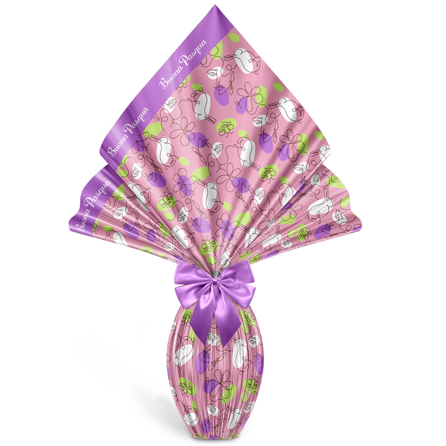 Incarto per uova di pasqua 110x110cm, fantasia sinuosa ed elegante, colore Glicine in fascia con scritta Buona Pasqua e Rosa su fondo. Le delicate linee continue, in colore marrone, creano un volto da donna e un dolce coniglio. Scopri i nostri prodotti su De Luca Collection.
