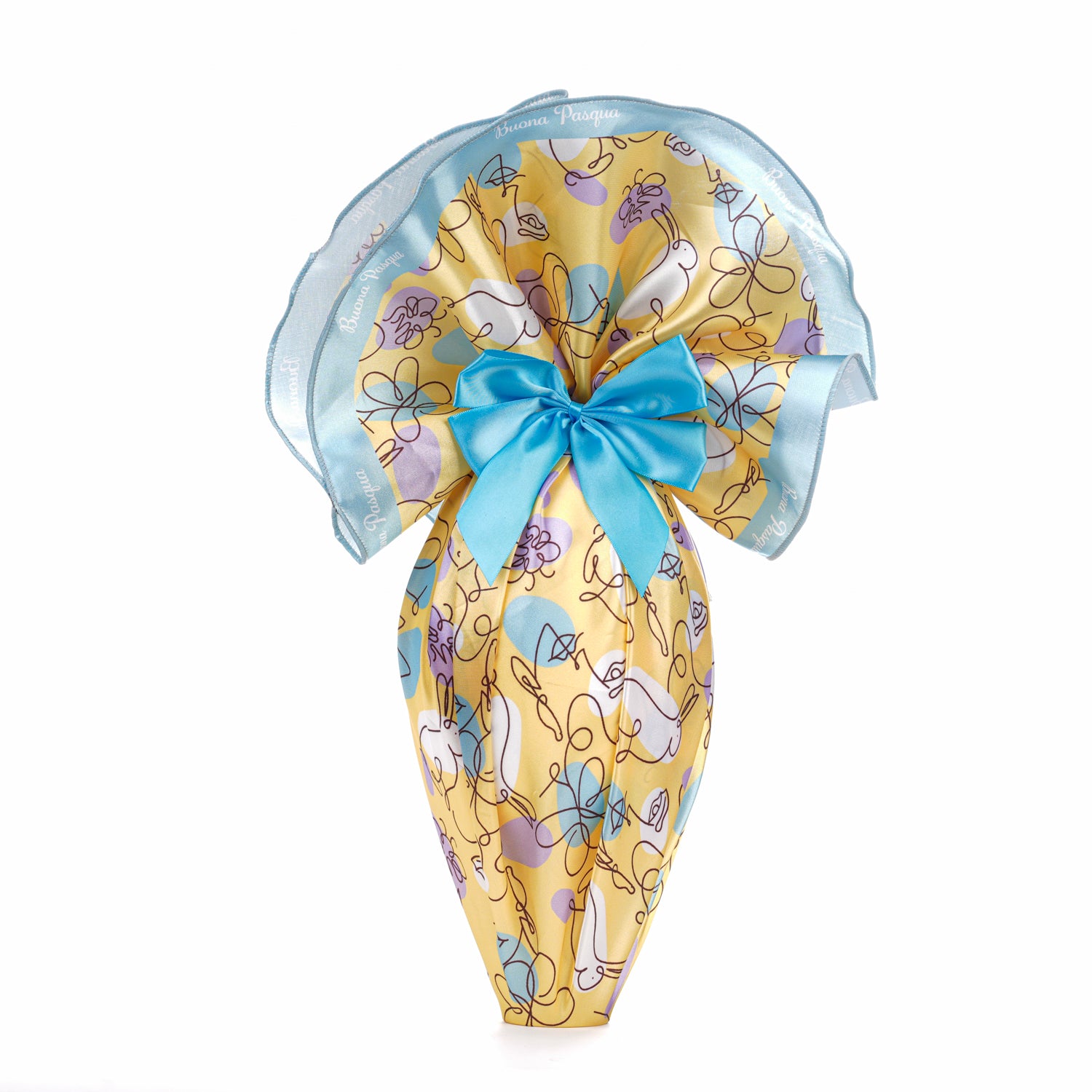 Tessuto per uova di pasqua e colombe 100cm, fantasia Sinuosa Tiffany e Giallo