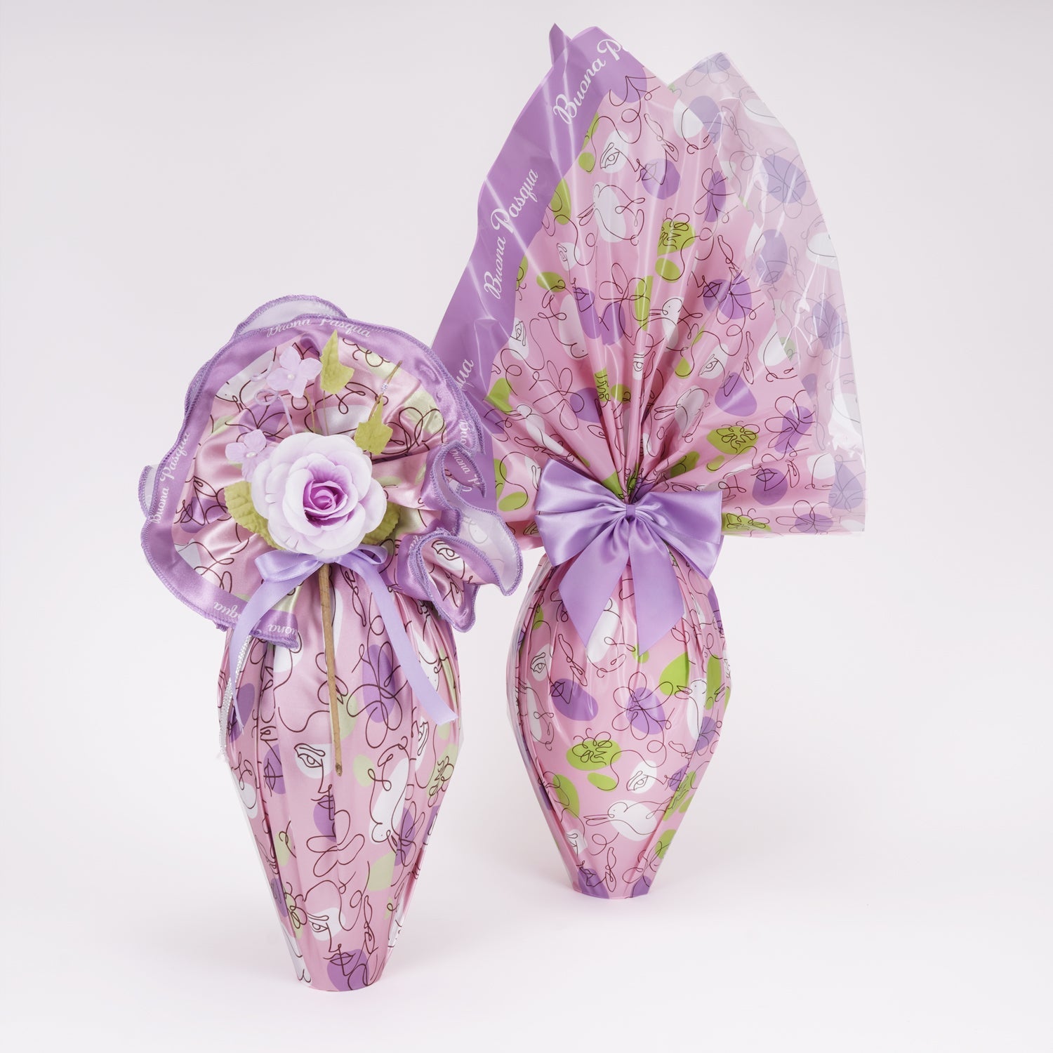 Tessuto per uova di pasqua e colombe 120cm, fantasia Sinuosa Glicine e Rosa