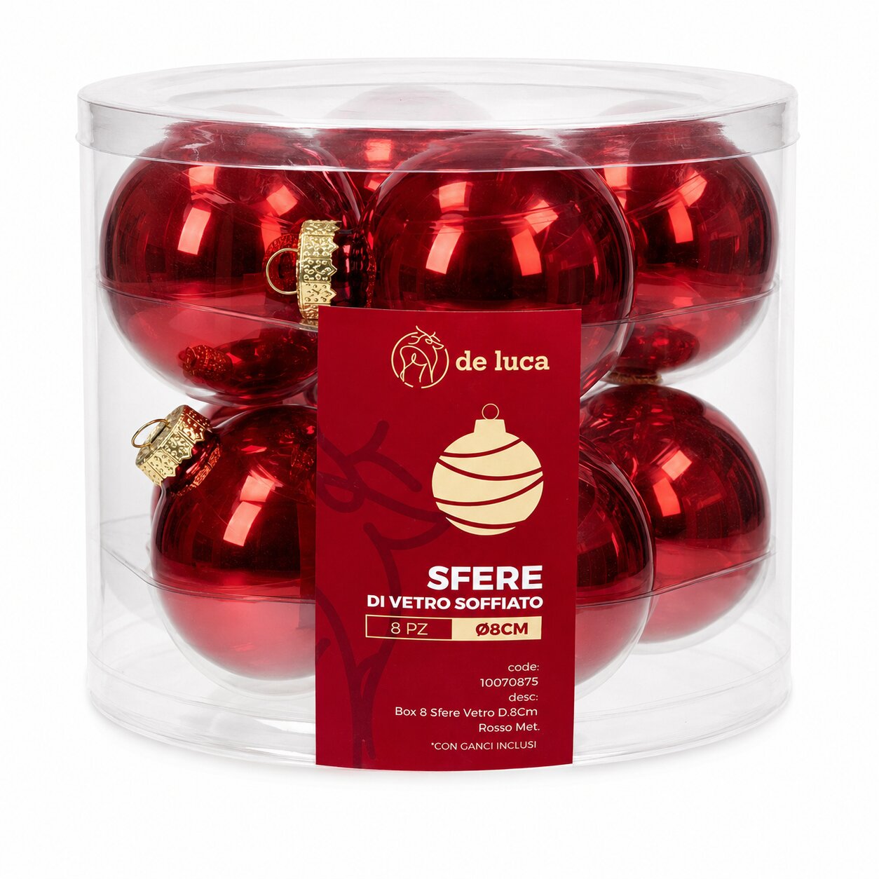Box da 8 sfere vetro dimensione 8 cm colore rosso metallizzato, decorazione Natalizia.