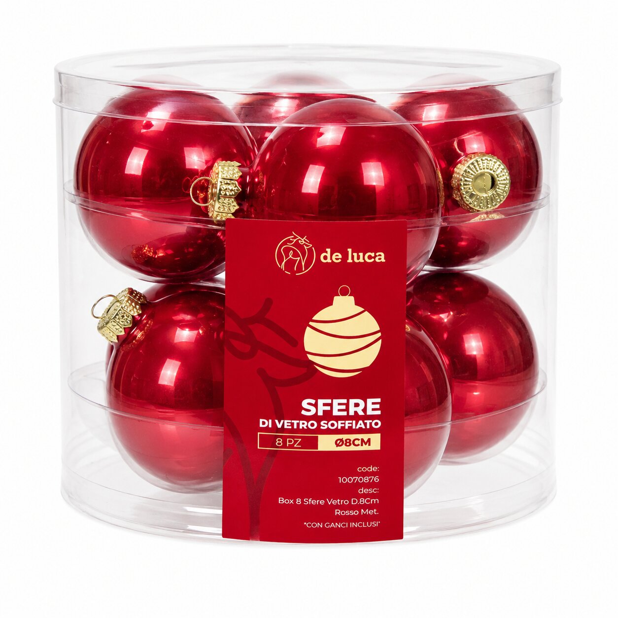 Box da 8 sfere vetro dimensione 8 cm colore rosso porpora, decorazione Natalizia.