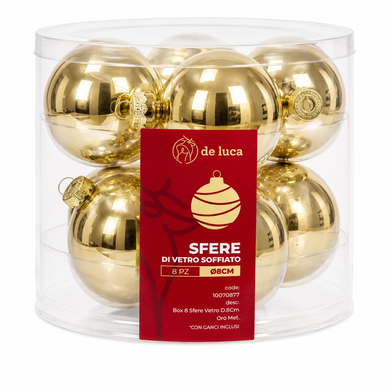 Box da 8 sfere vetro dimensione 8 cm colore oro metallizzato, decorazione Natalizia.