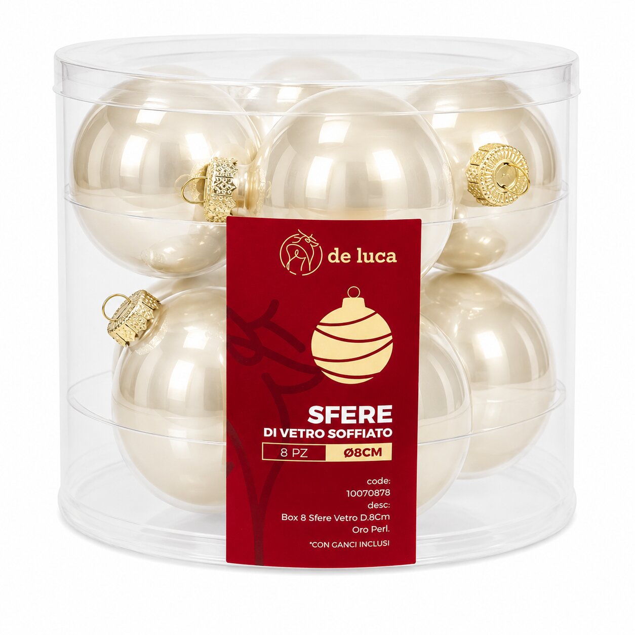 Box da 8 sfere vetro dimensione 8 cm colore oro platino, decorazione Natalizia.