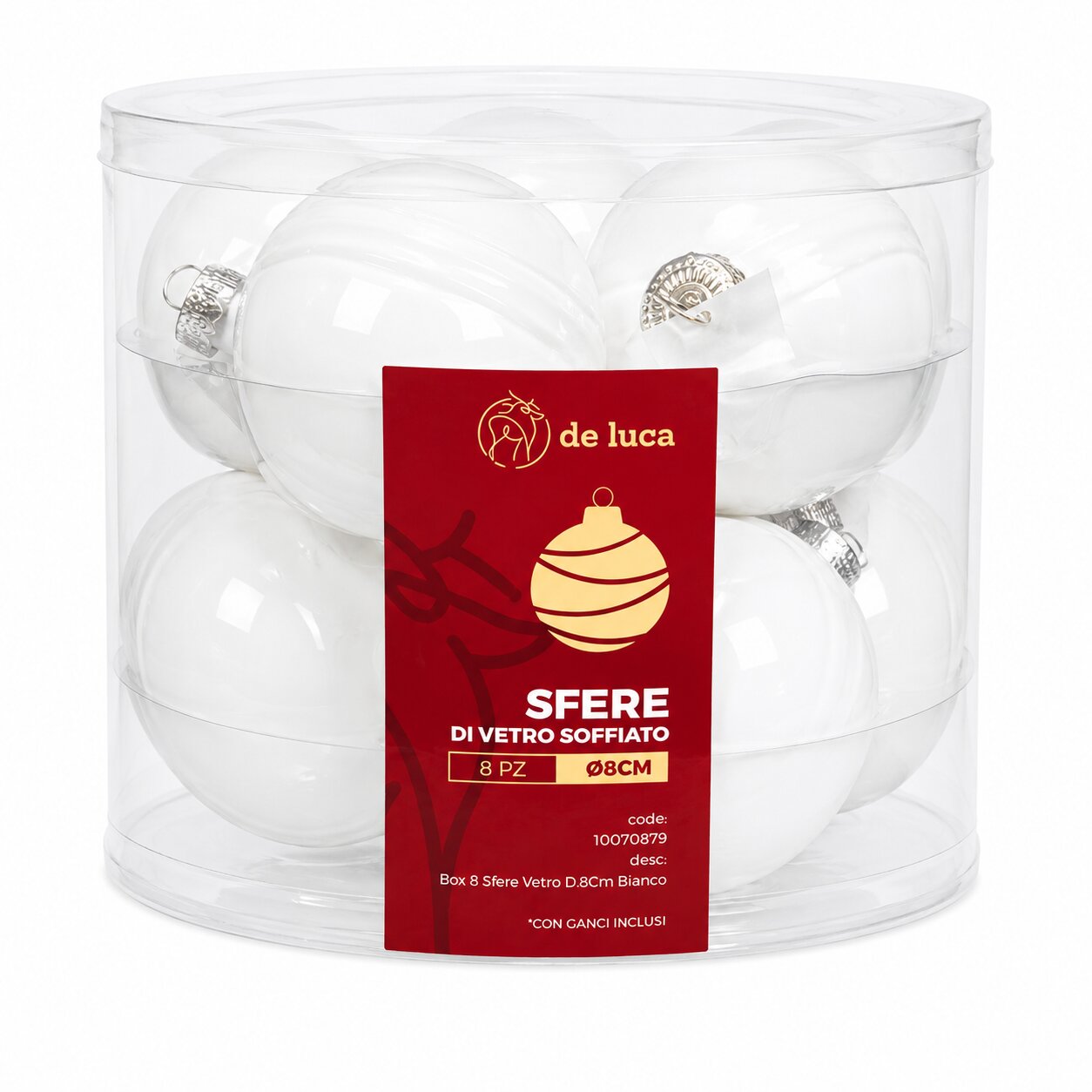 Box da 8 sfere vetro dimensione 8 cm colore Bianco, decorazione Natalizia.