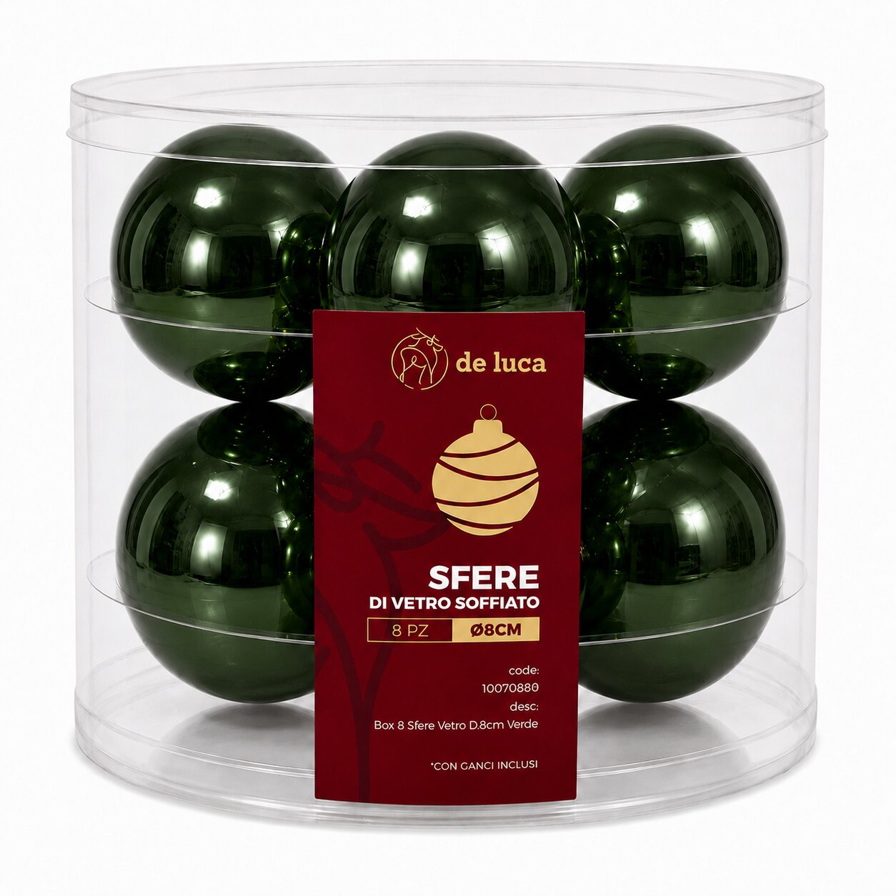 Box da 8 sfere vetro dimensione 8 cm colore Verde, decorazione Natalizia.