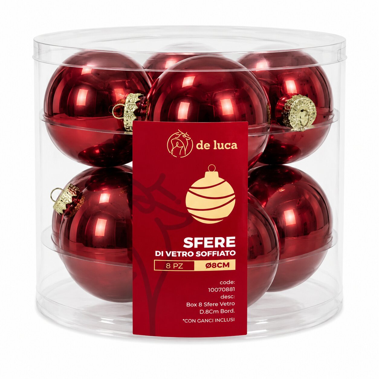 Box da 8 sfere vetro dimensione 8 cm colore Bordeaux, decorazione Natalizia.
