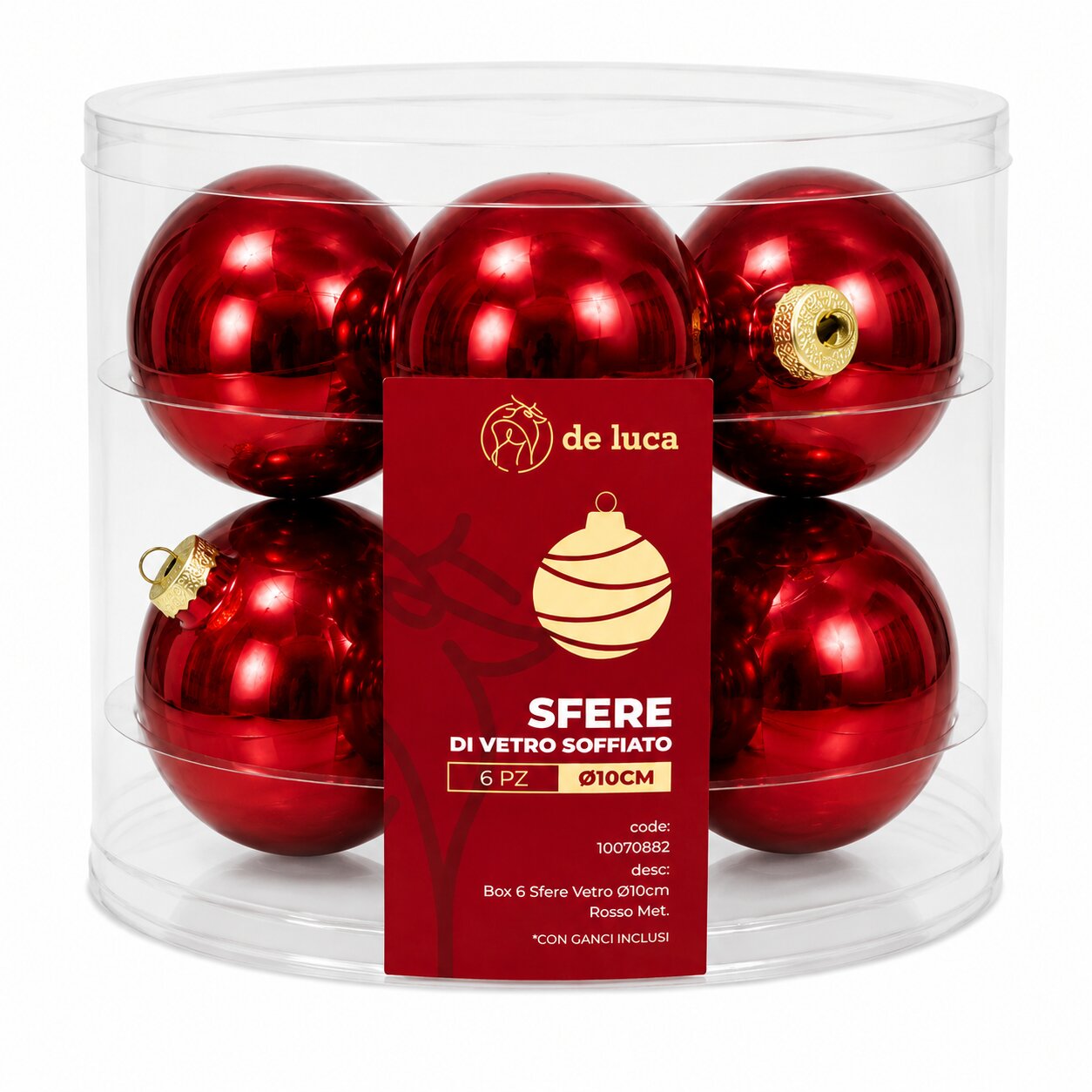 Box da 6 sfere vetro dimensione 10 cm colore rosso metallizzato, decorazione Natalizia.