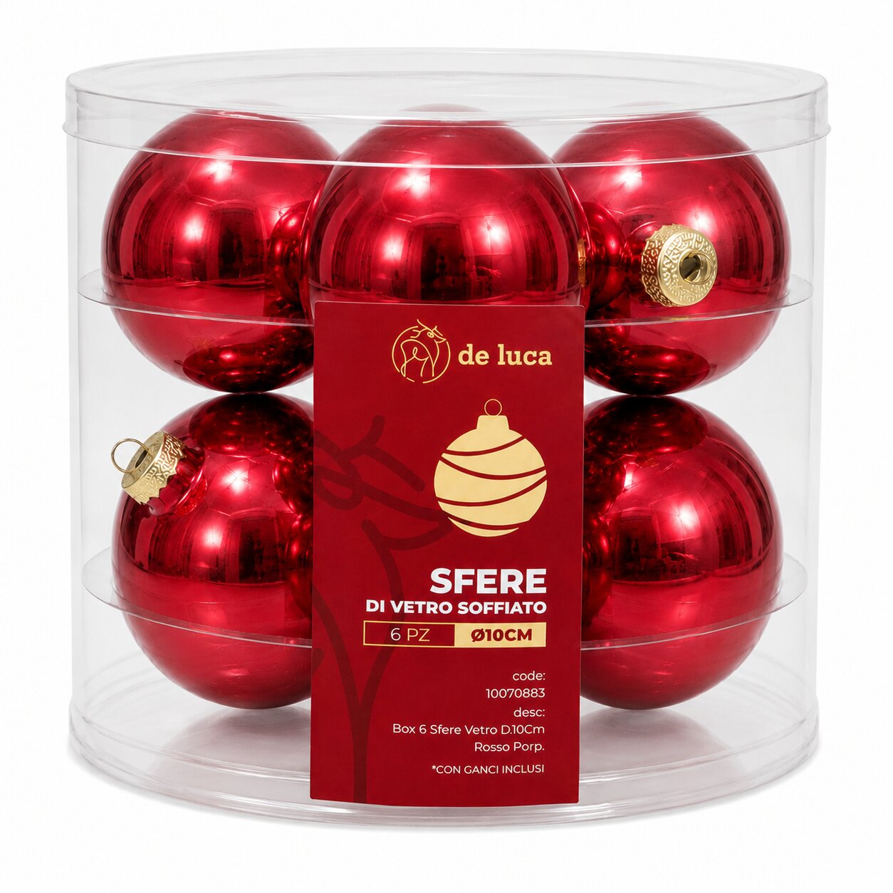 Box da 6 sfere vetro dimensione 10 cm colore rosso porpora, decorazione Natalizia.