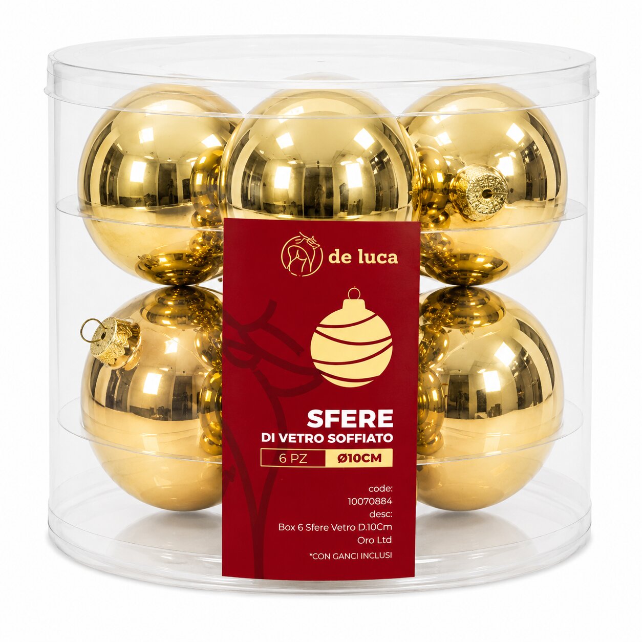 Box da 6 sfere vetro dimensione 10 cm colore oro metallizzato, decorazione Natalizia.