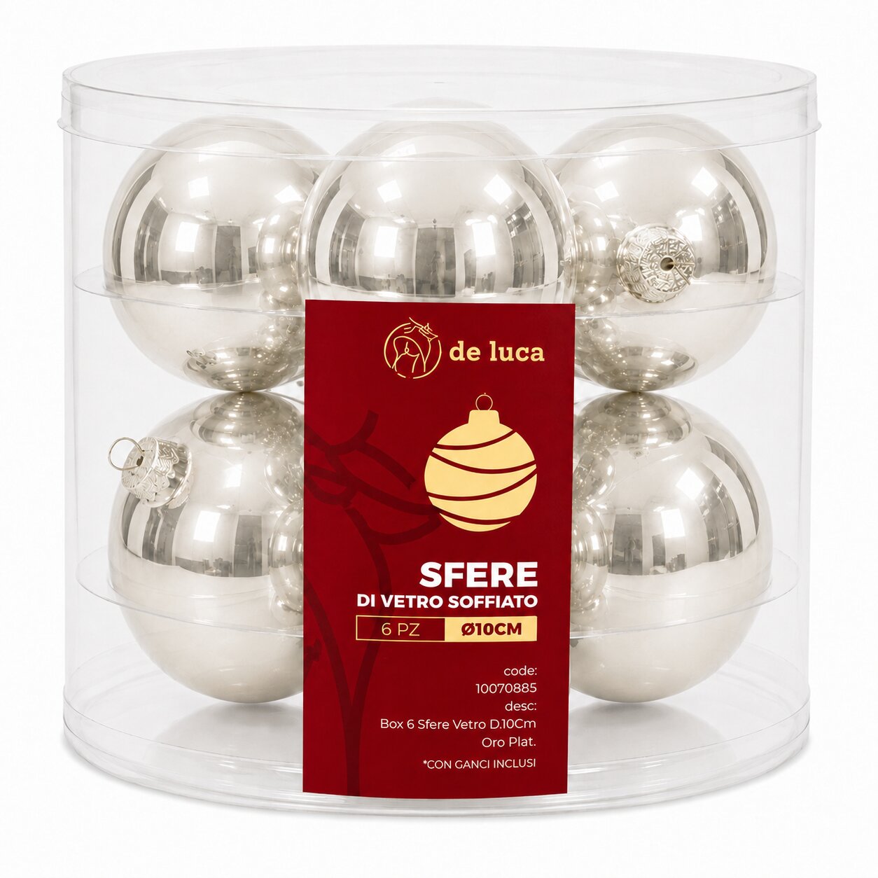 Box da 6 sfere vetro dimensione 10 cm colore oro platino, decorazione Natalizia.