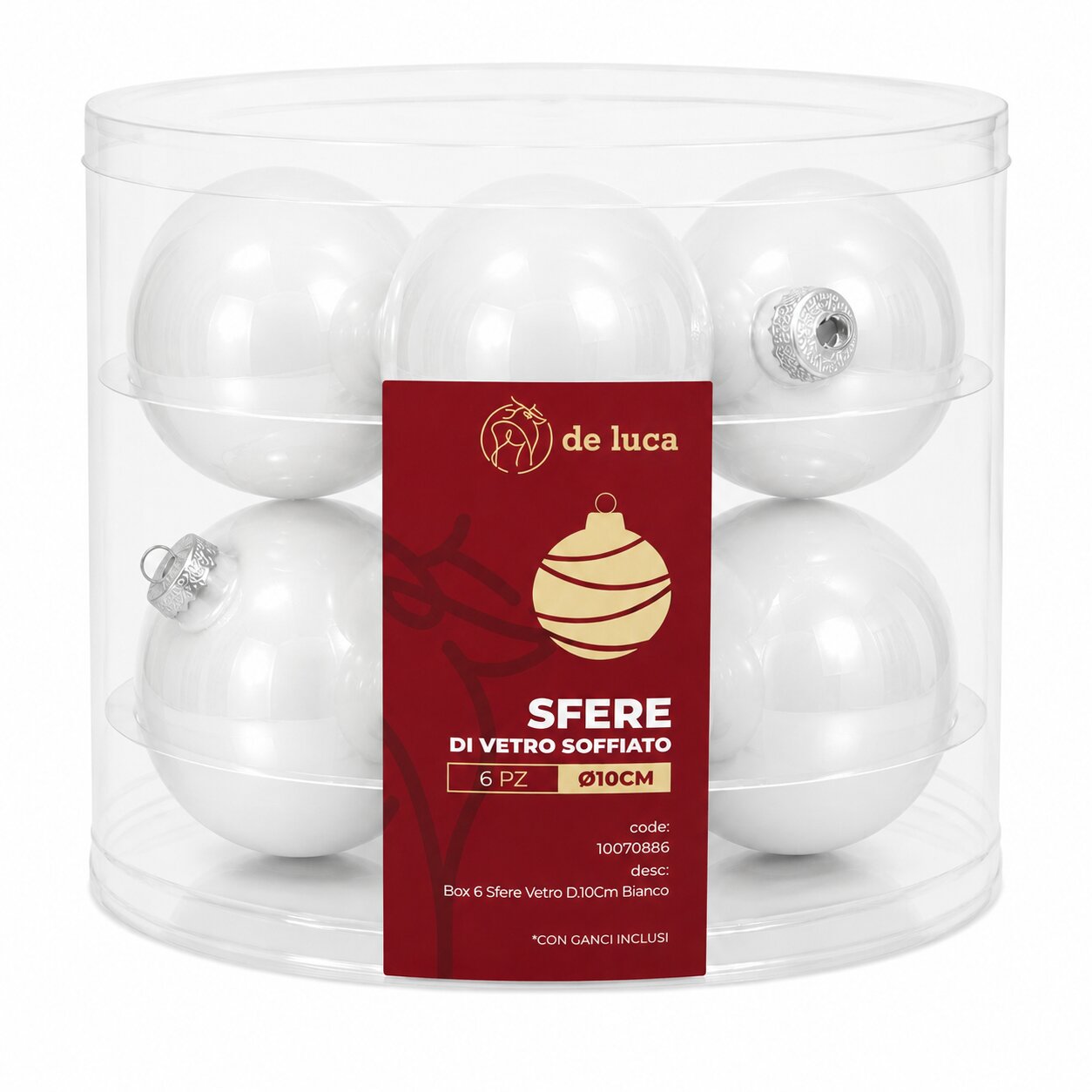Box da 6 sfere vetro dimensione 10 cm colore Bianco, decorazione Natalizia.