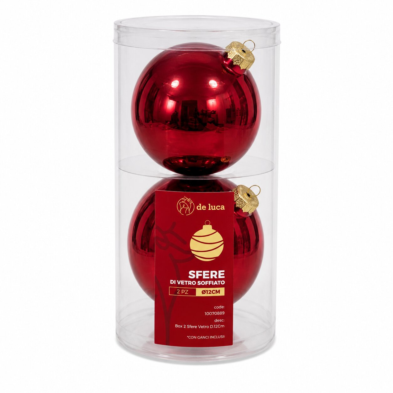 Box da 2 sfere vetro dimensione 12 cm colore Rosso metallizzato, decorazione Natalizia.