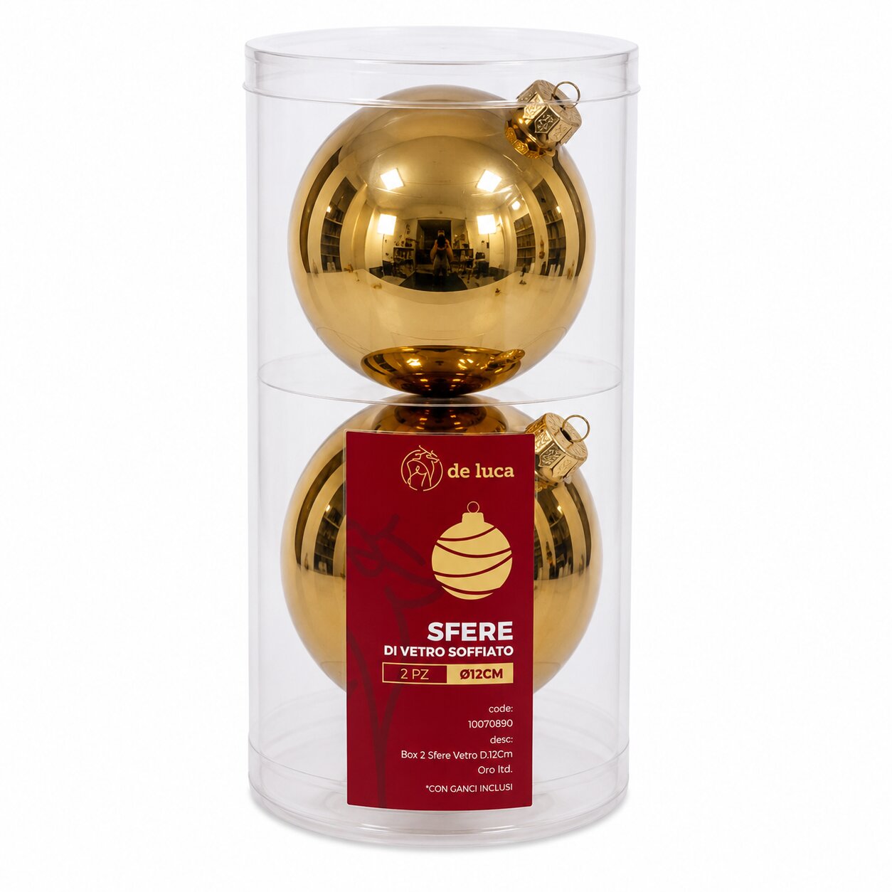 Box da 2 sfere vetro dimensione 12 cm colore Oro metallizzato, decorazione Natalizia.