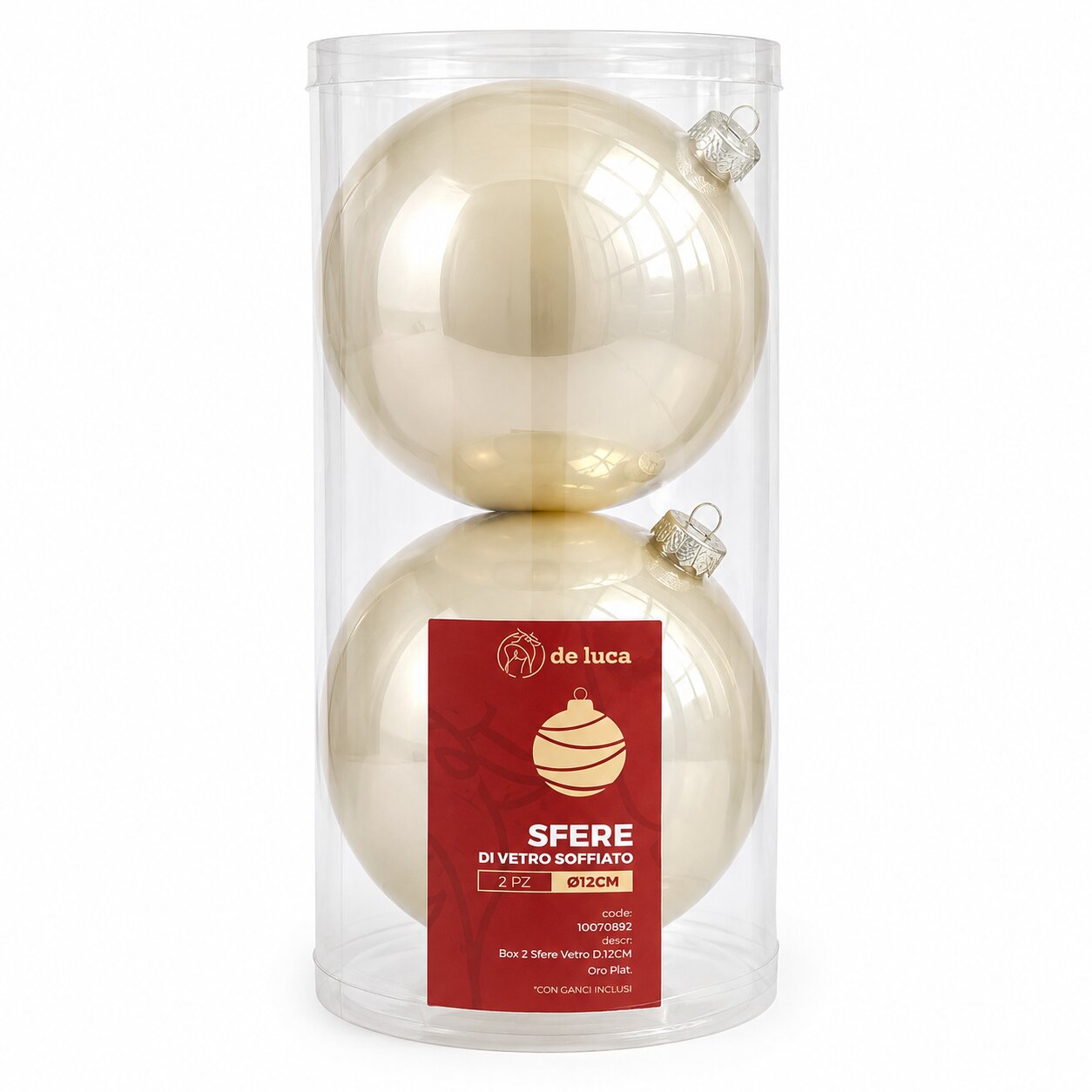 Box da 2 sfere vetro dimensione 12 cm colore Oro platino, decorazione Natalizia.