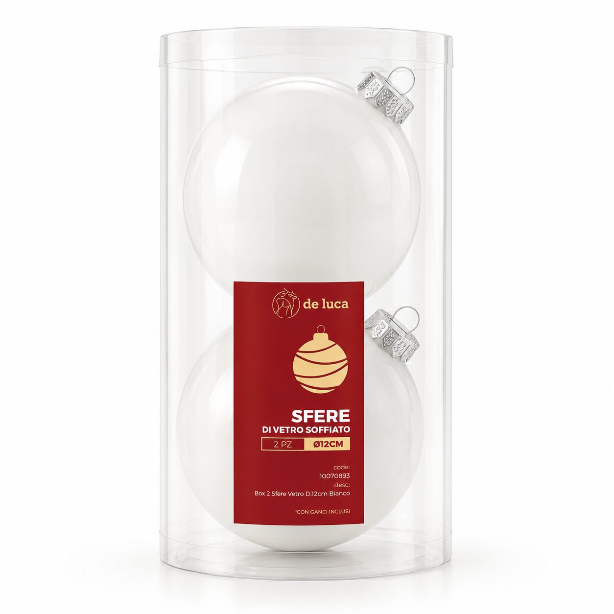 Box da 2 sfere vetro dimensione 12 cm colore Bianco, decorazione Natalizia.