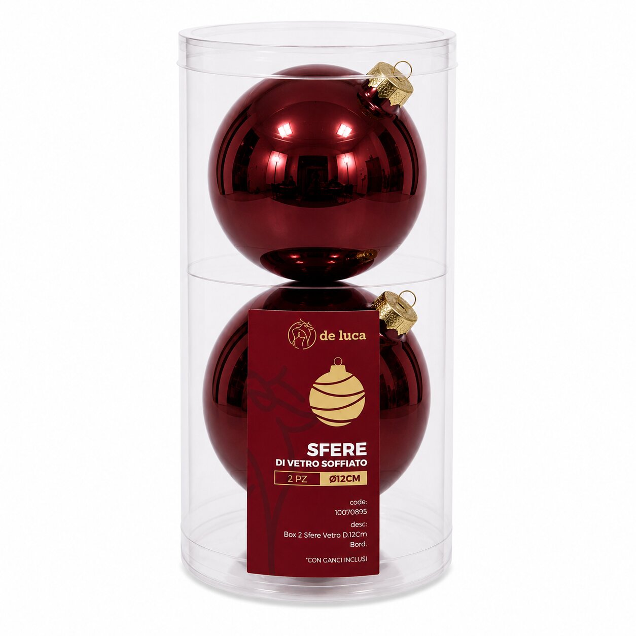 Box da 2 sfere vetro dimensione 12 cm colore Bordeaux, decorazione Natalizia.