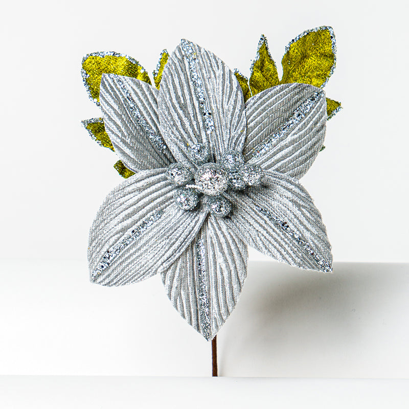 Fiore Stella di Natale in velluto Argento 12x13cm