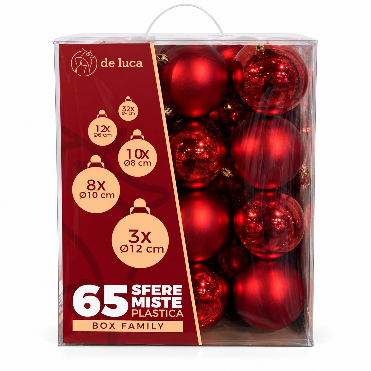 Box Family da 65 sfere misure mix di colore rosso, decorazione Natalizia.