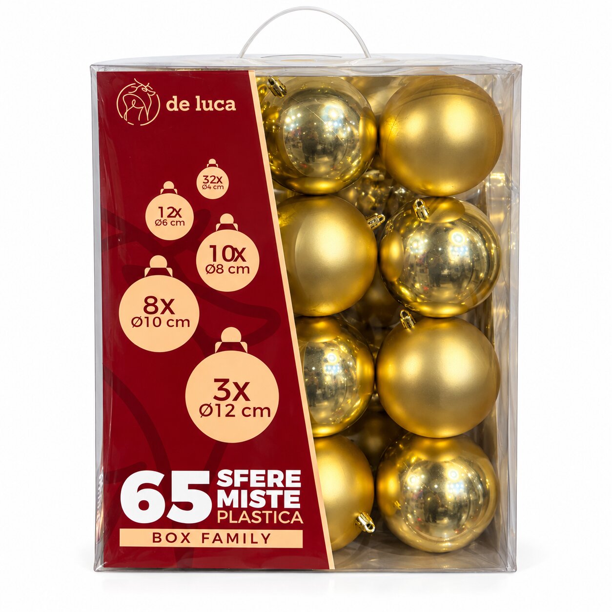Box Family da 65 sfere misure mix di colore oro metallizato, decorazione Natalizia.