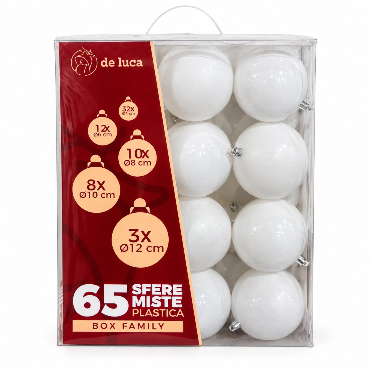 Box Family da 65 sfere misure mix di colore bianco, decorazione Natalizia.