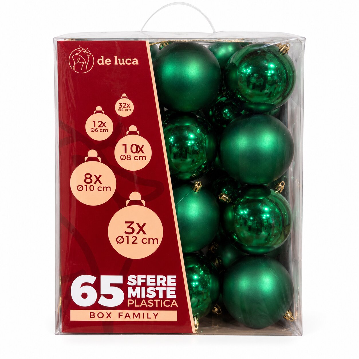 Box Family da 65 sfere misure mix di colore verde foresta, decorazione Natalizia.