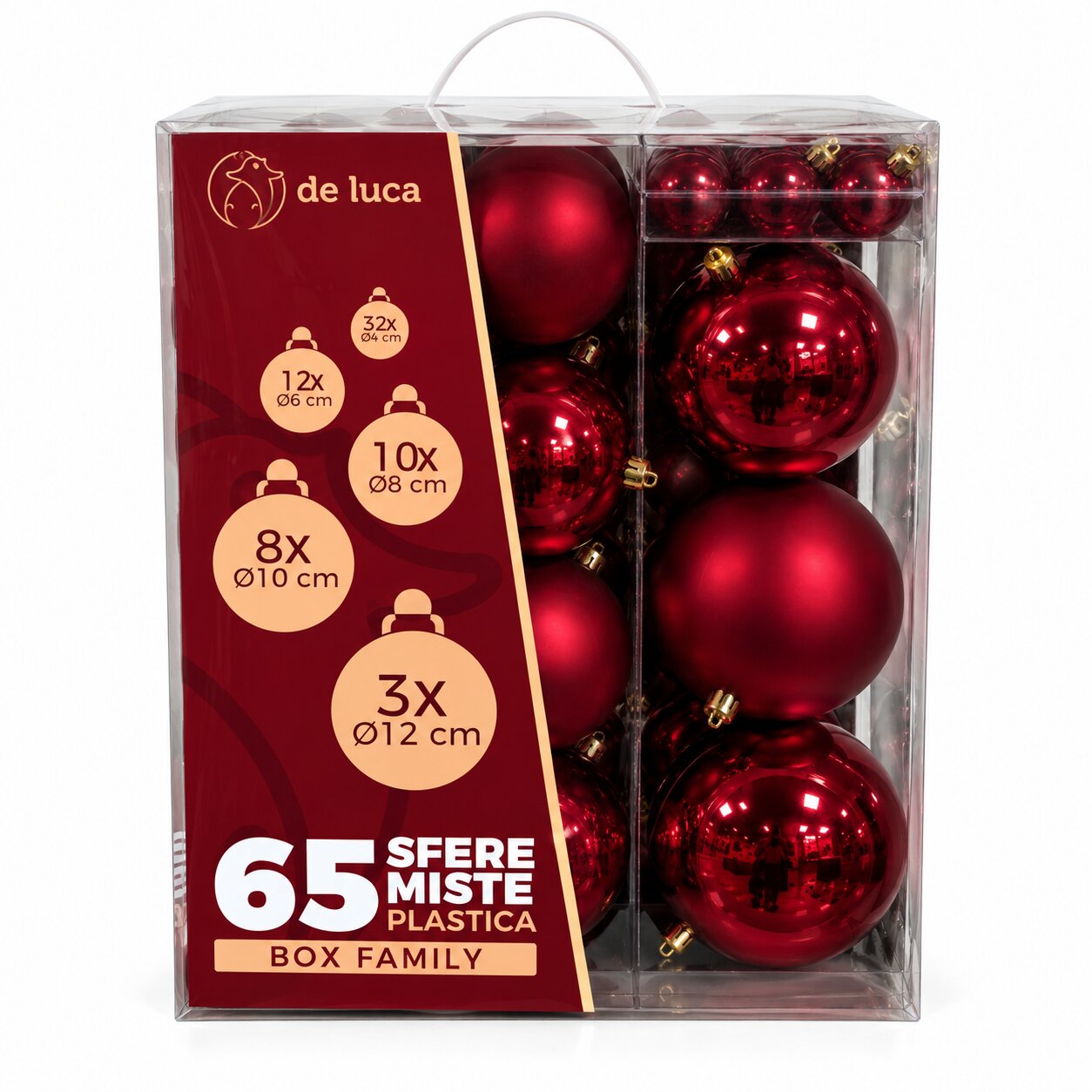 Box Family da 65 sfere misure mix di colore granata, decorazione Natalizia.