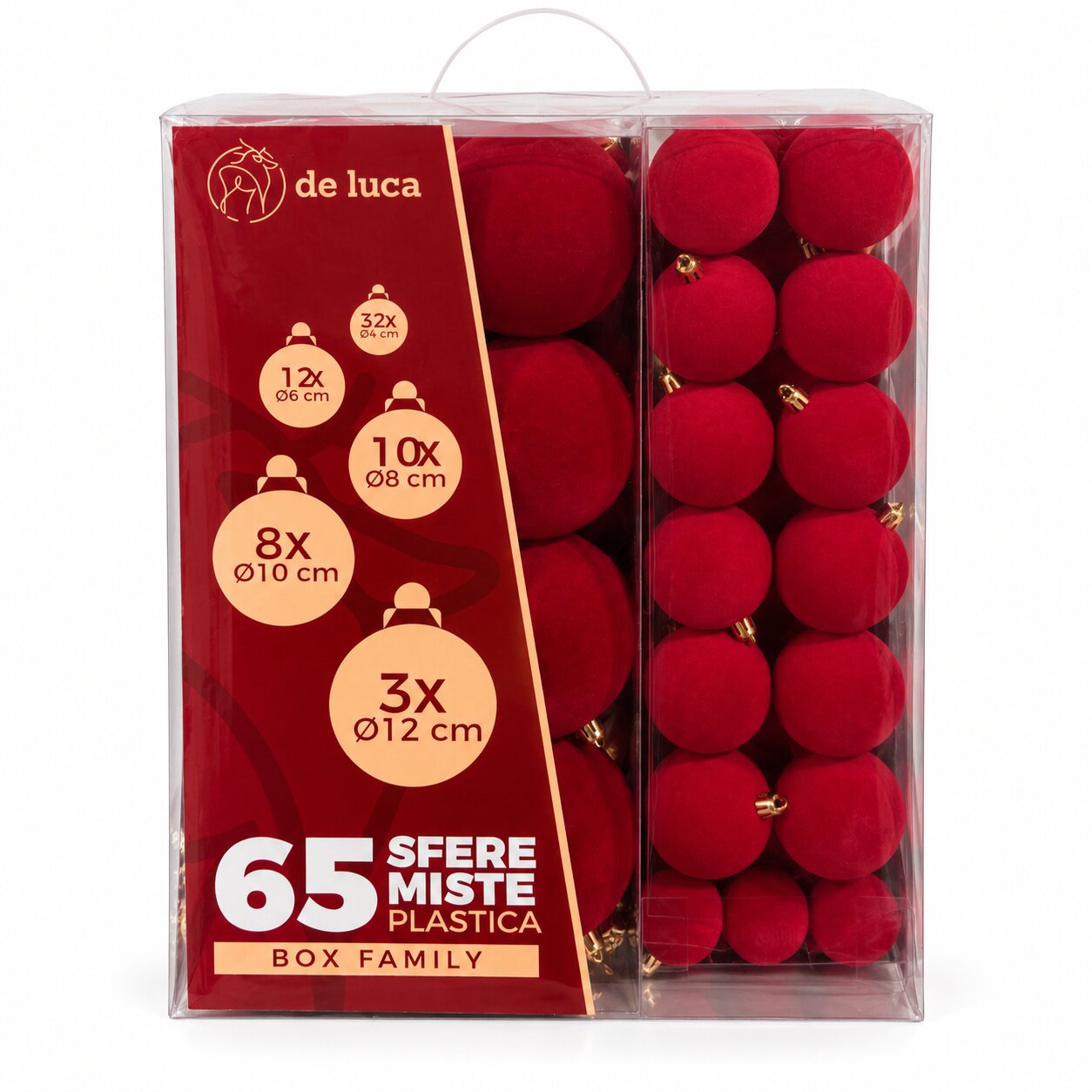 Box Family da 65 sfere misure mix di colore rosso floccato, decorazione Natalizia.
