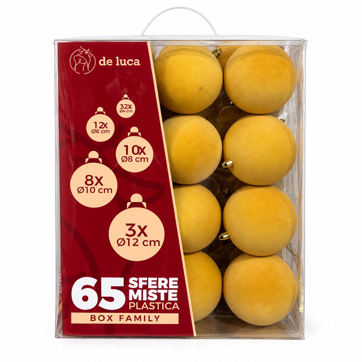 Box Family da 65 sfere misure mix di colore oro floccato, decorazione Natalizia.