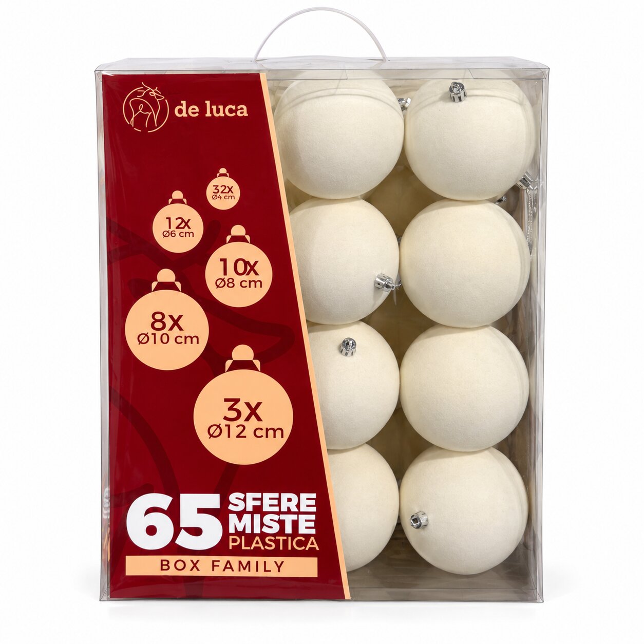 Box Family da 65 sfere misure mix di colore bianco floccato, decorazione Natalizia.