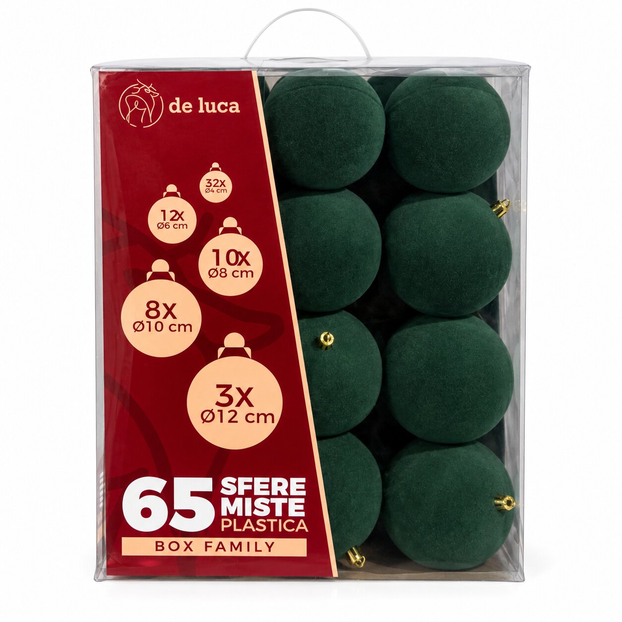 Box Family da 65 sfere misure mix di colore verde foresta floccato, decorazione Natalizia.