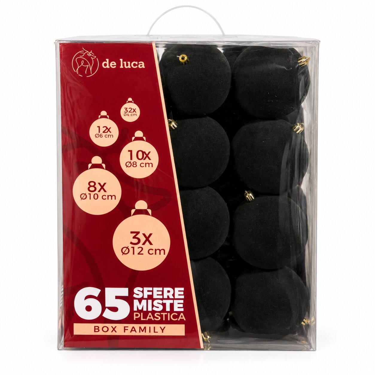 Box Family da 65 sfere misure mix di colore marrone floccato, decorazione Natalizia.