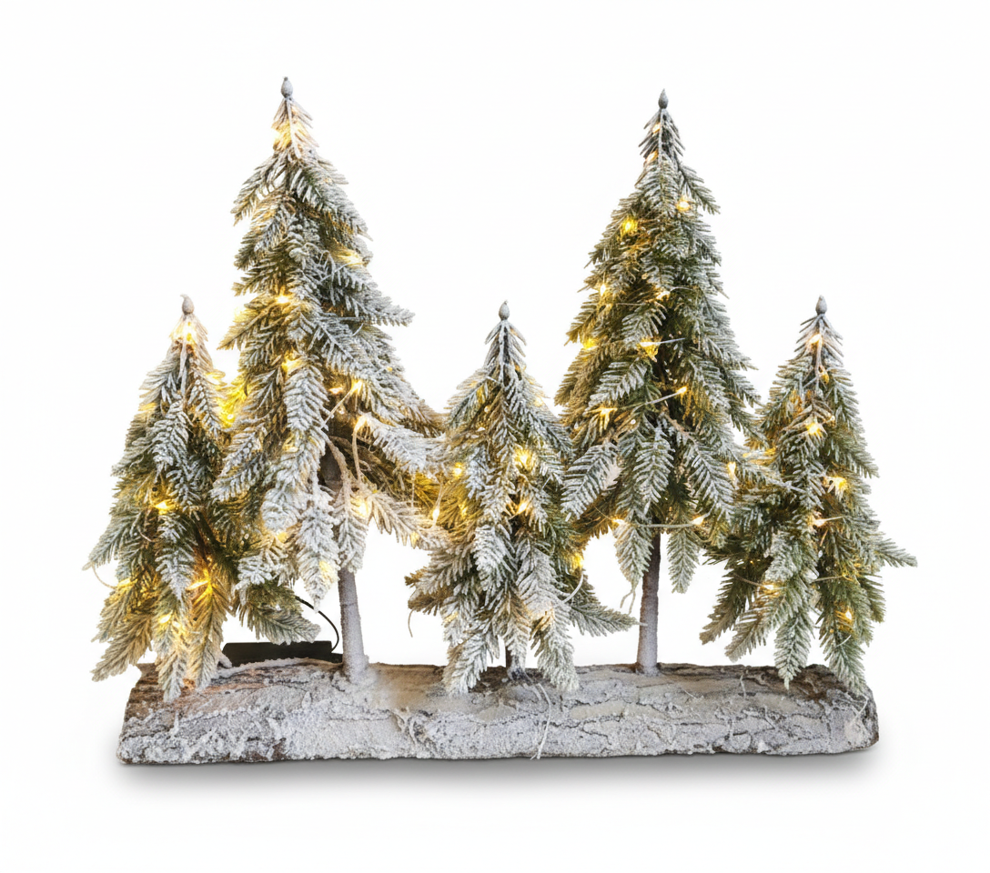 Mini foresta da 5 pini innevati con led, decorazione Natalizia