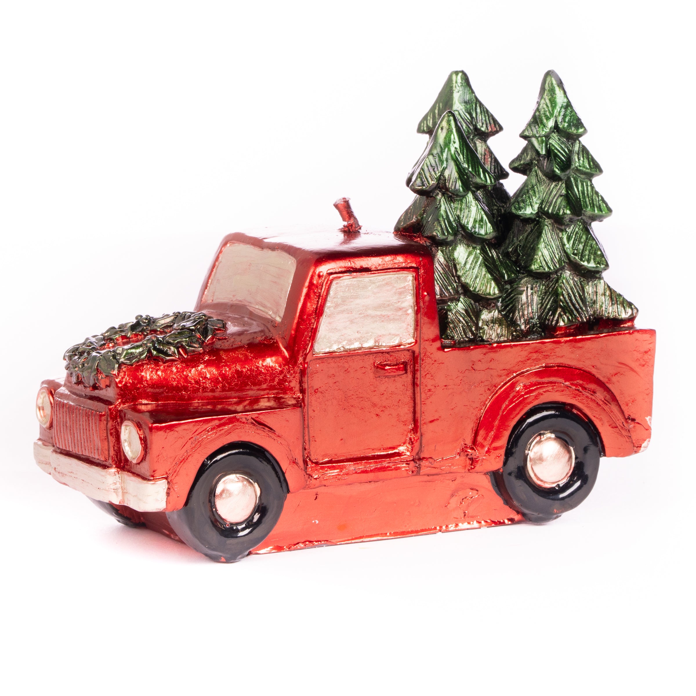 Candela a forma di furgone con alberi di Natale
