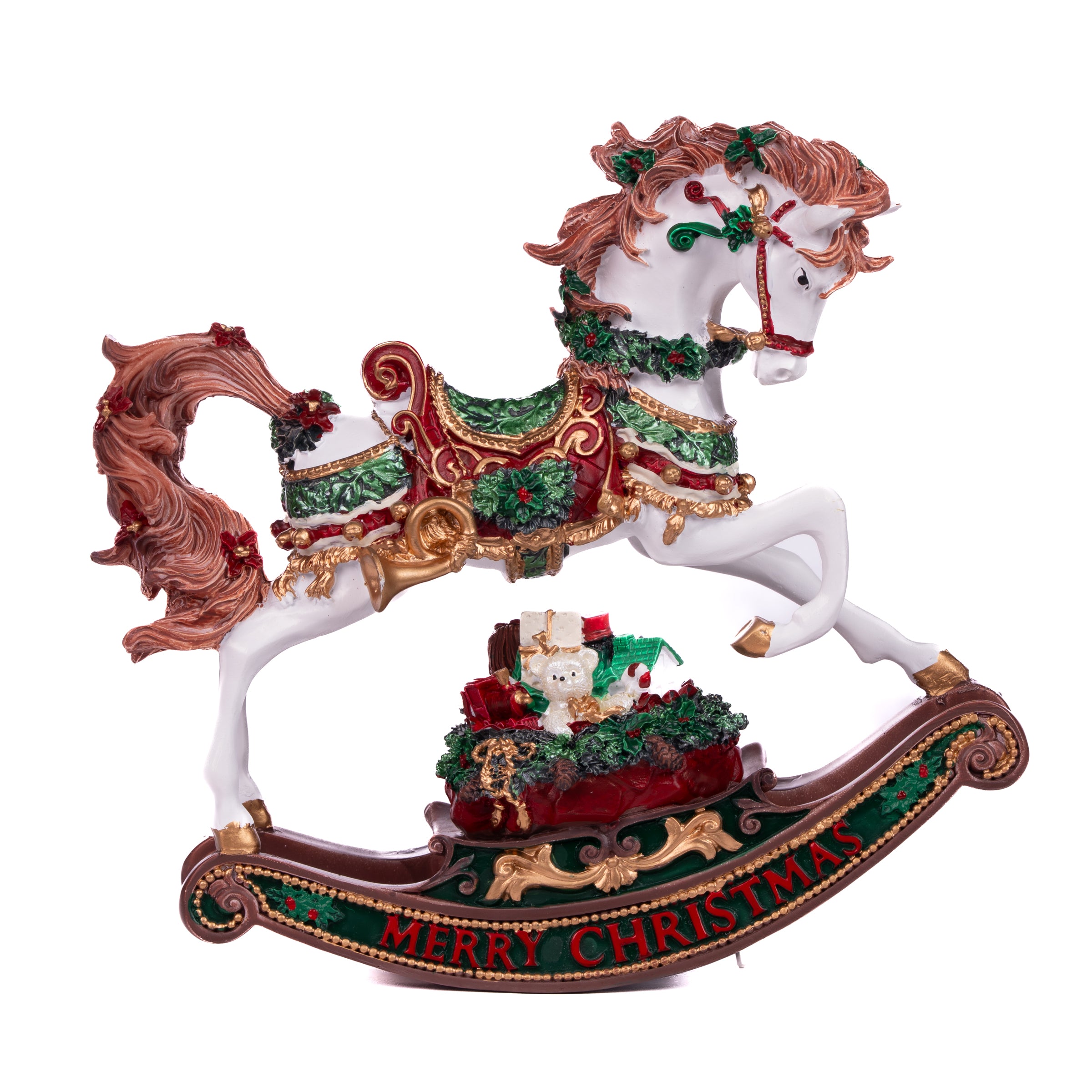 Cavallo a Dondolo musicale decorato con Doni, decorazione Natalizia.