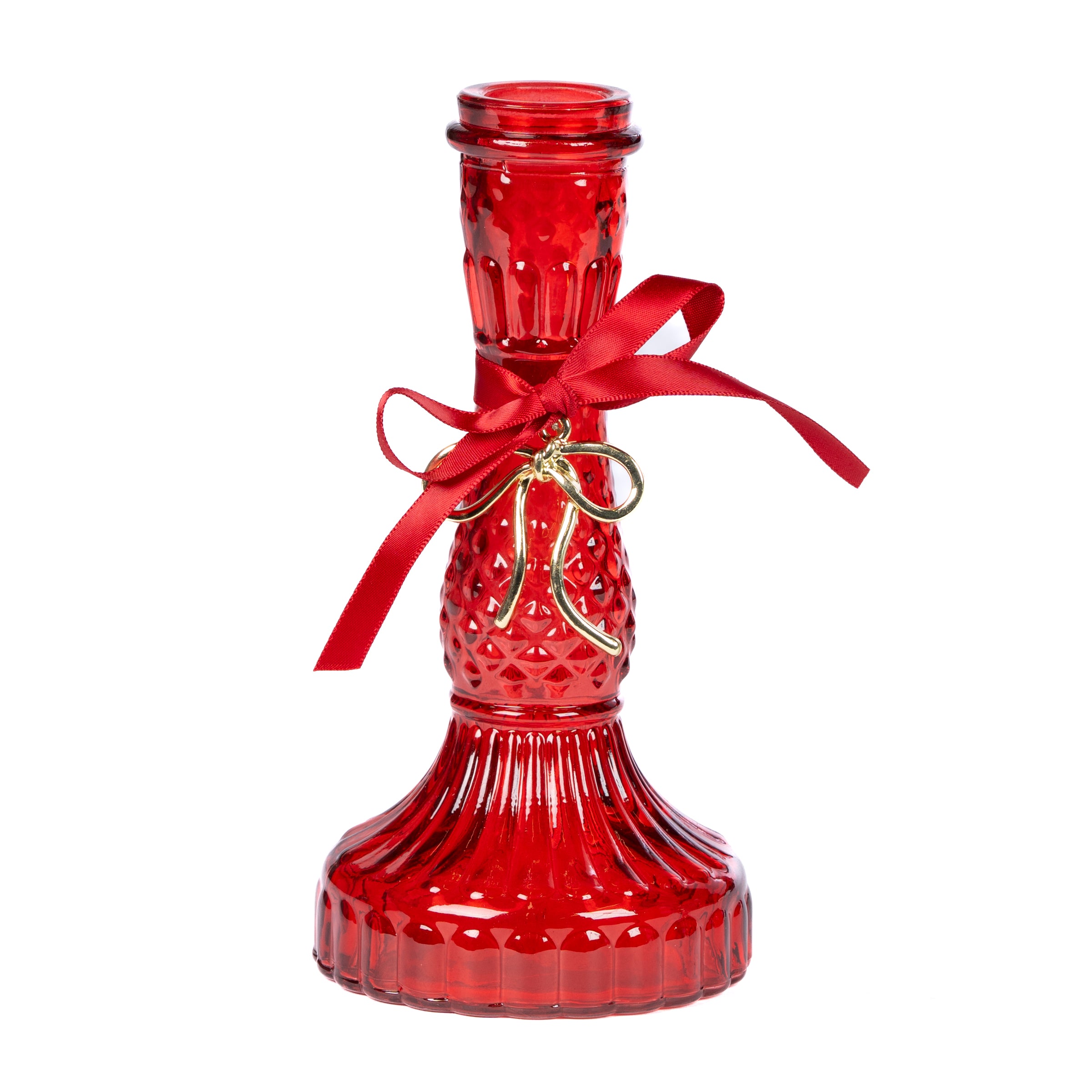 Porta Candela in vetro di colore rosso con doppio fiocco, 9x17CM