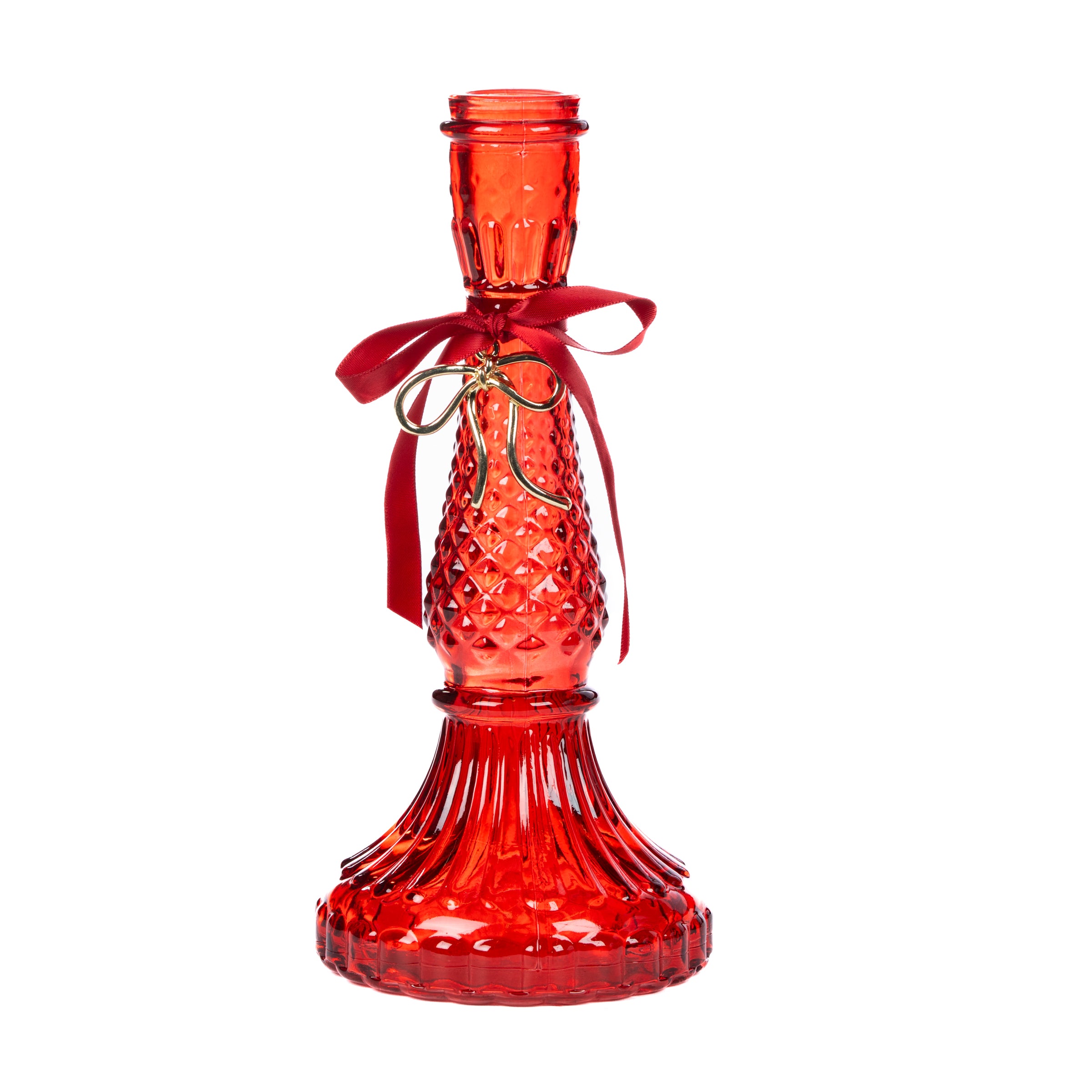 Porta Candela in vetro di colore rosso con doppio fiocco, 10x22CM