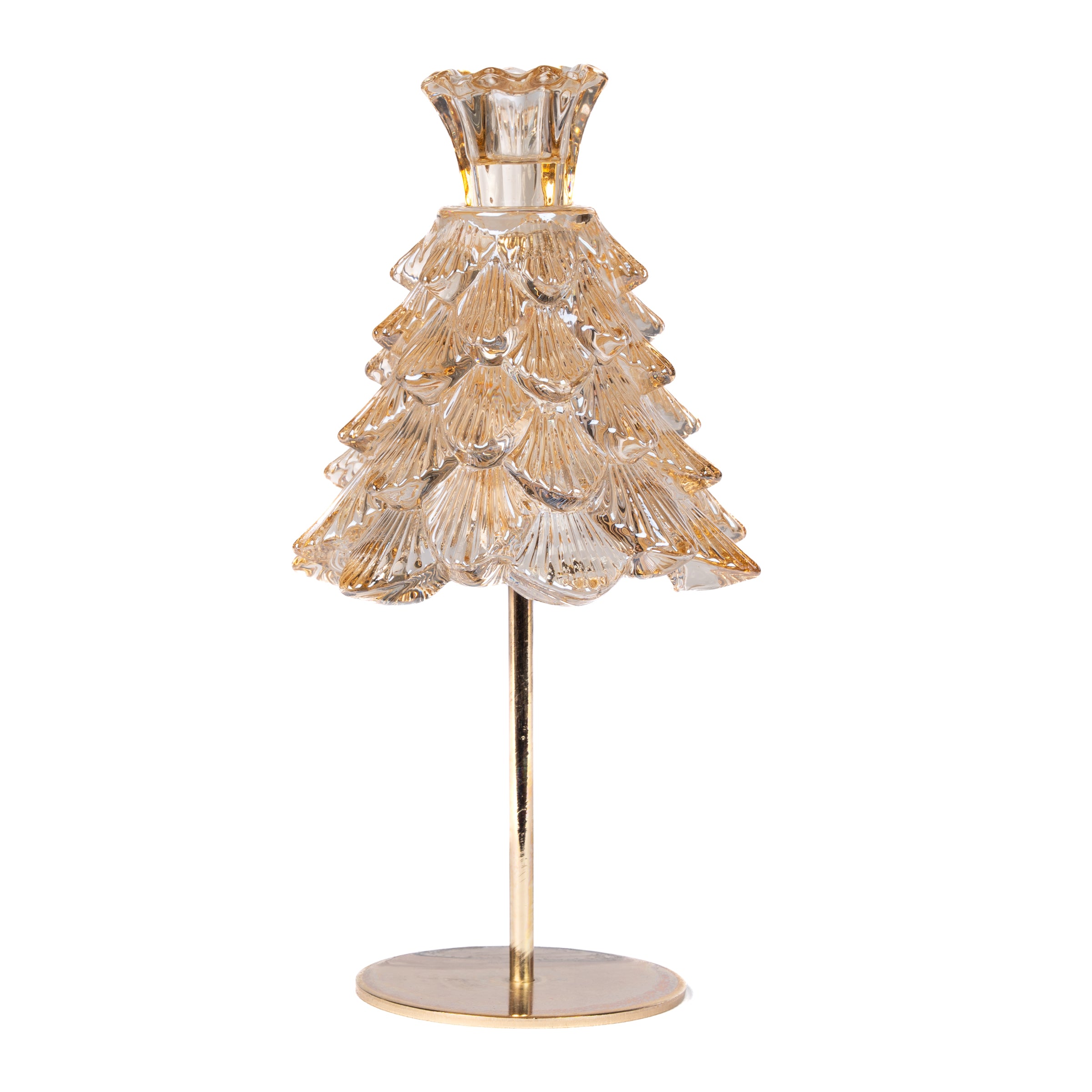 Porta Candela albero in vetro di colore oro, 12x22CM