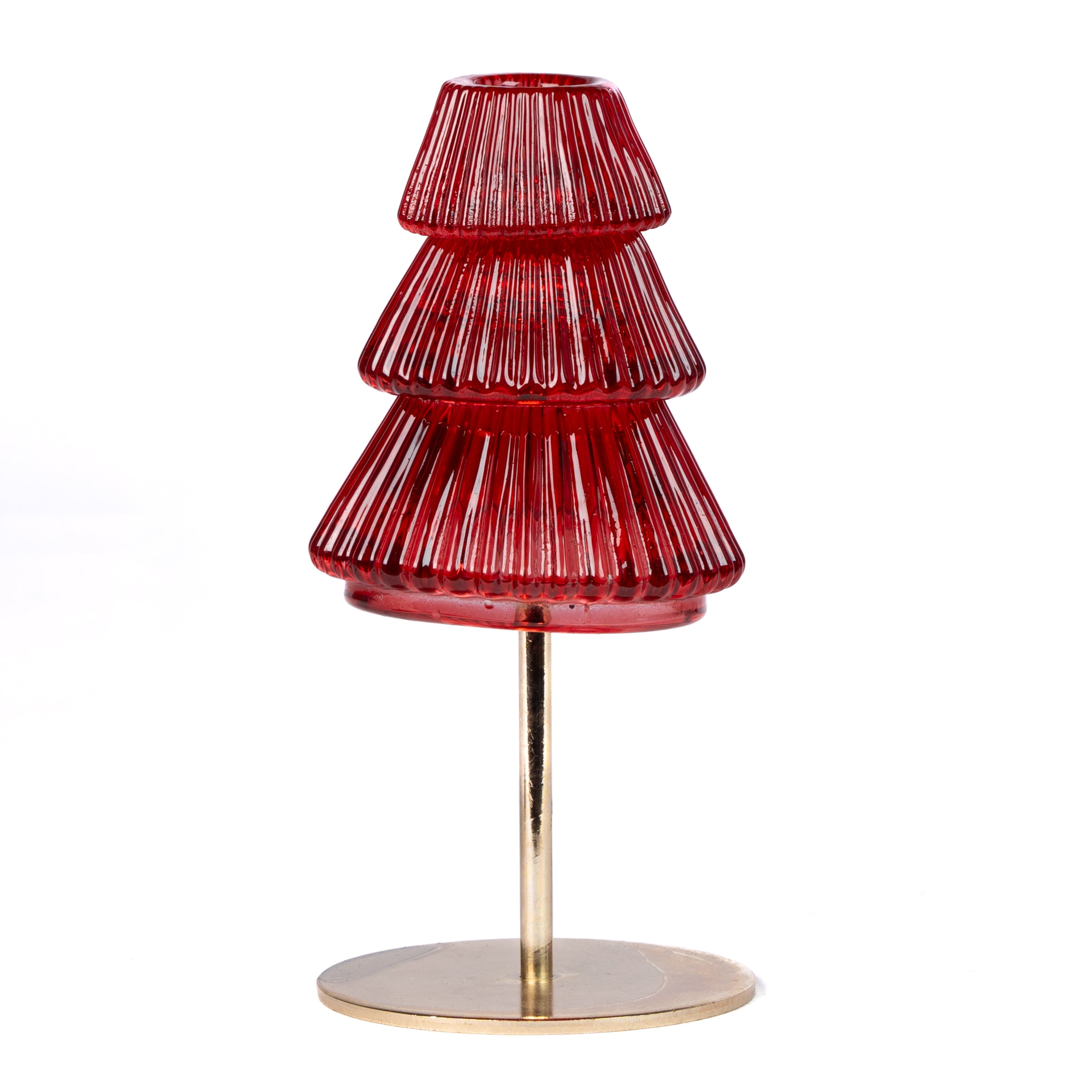 Porta Candela albero in vetro di colore rosso, 9x17CM