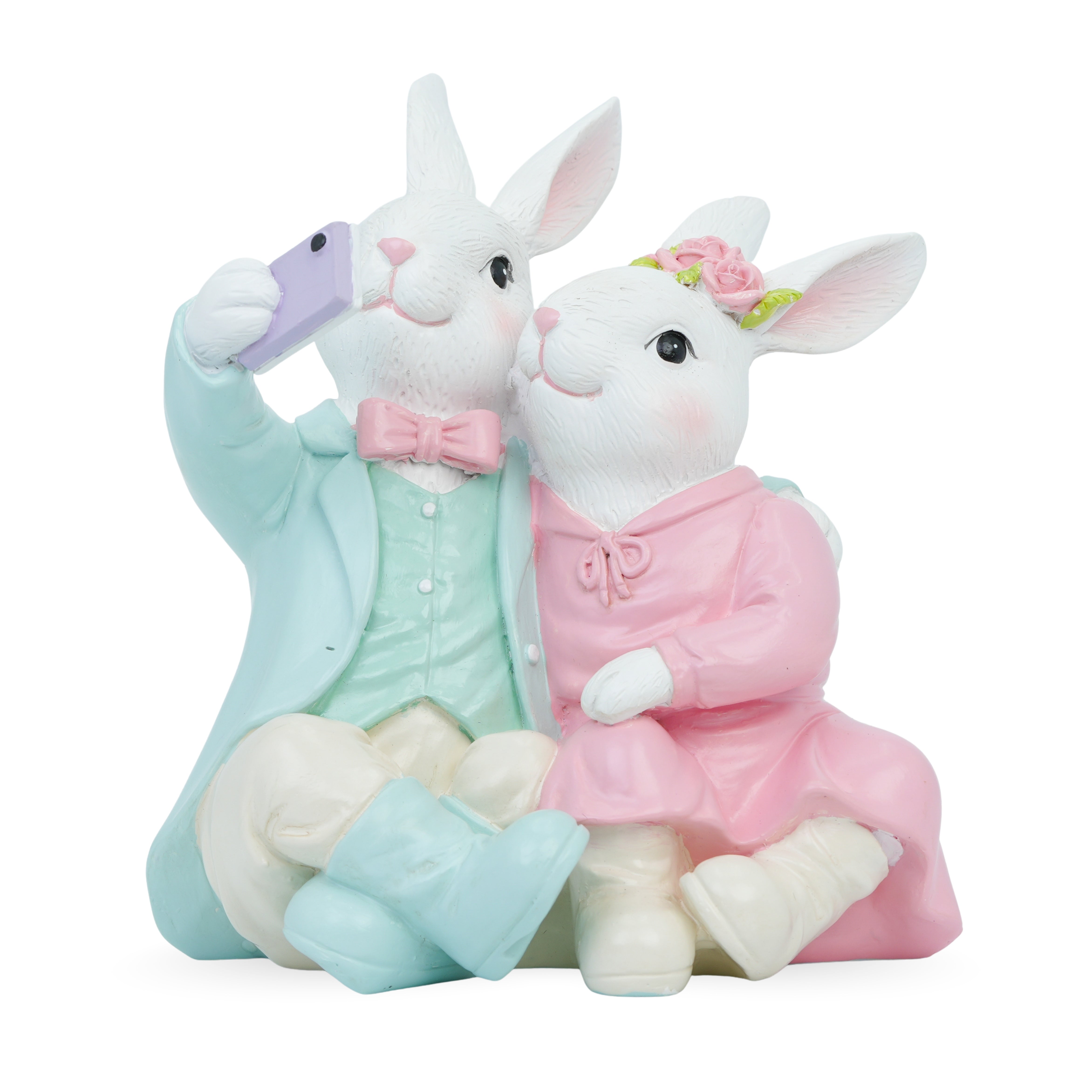 Coppia Coniglio Selfie in resina,14x13x16cm, decorazione per pasqua, idea regalo