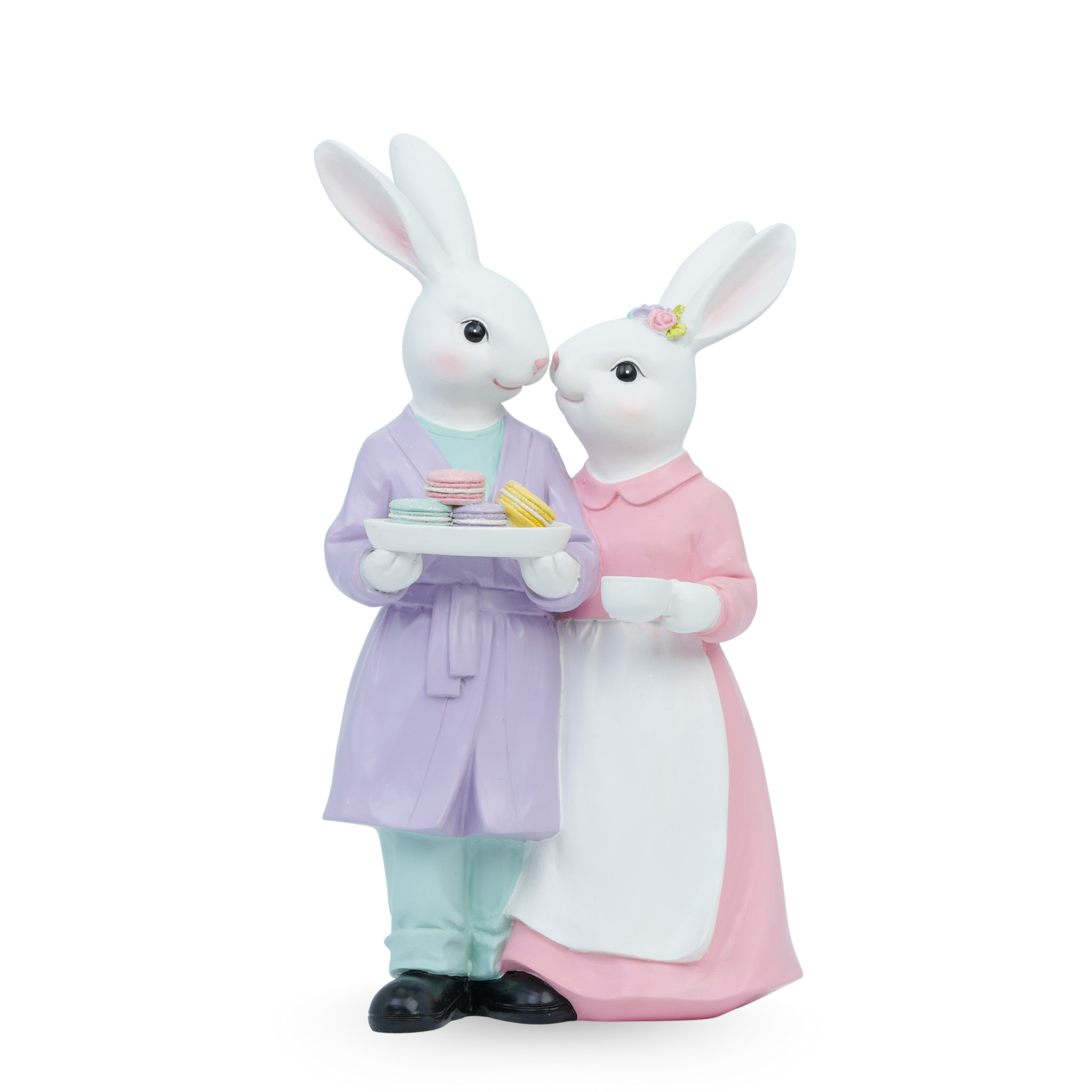 Coppia Coniglio con vassoio con dolci, in resina,14x10x26cm, decorazione per pasqua, idea regalo