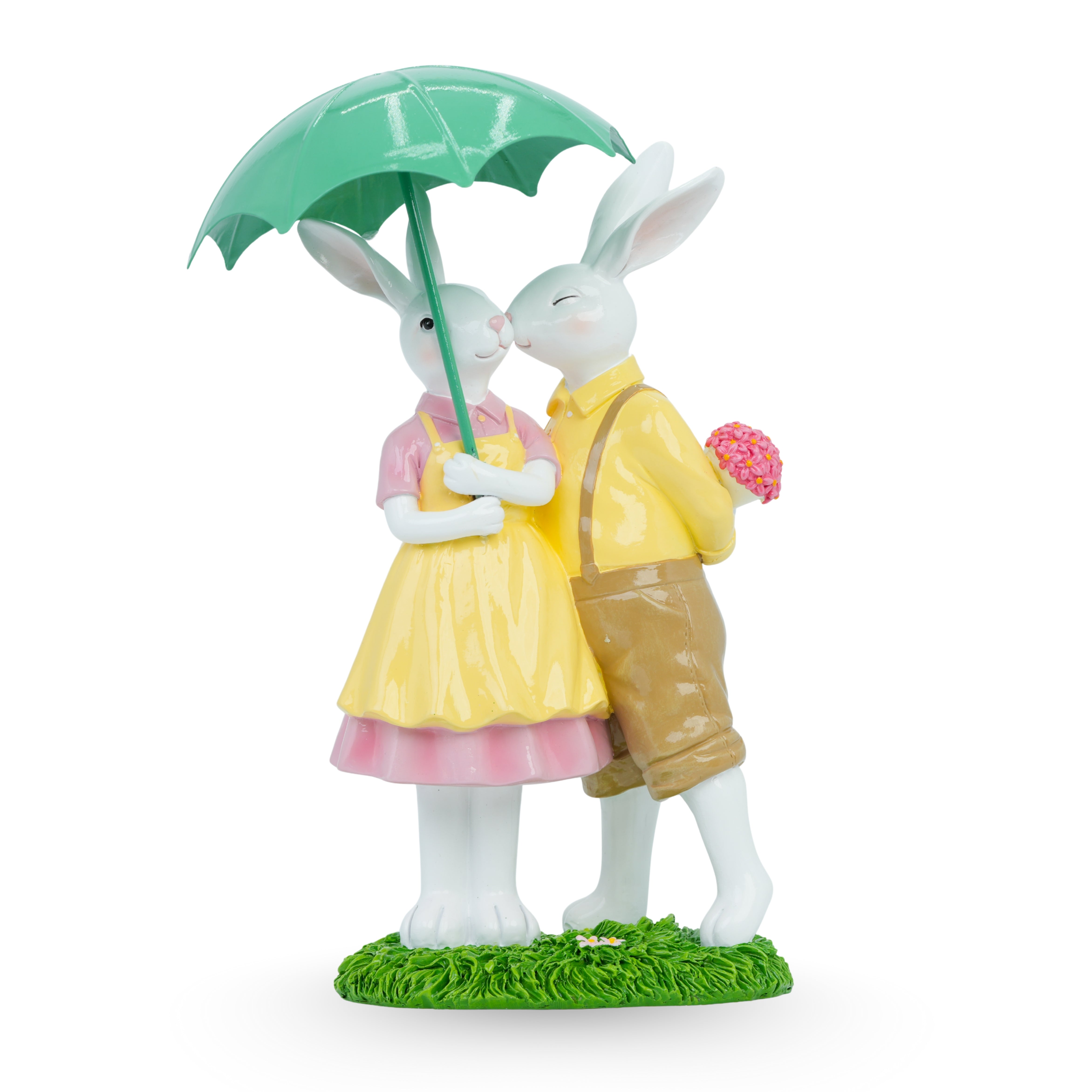 Coppia Coniglio con ombrello e fiori, in resina,20x16x32cm, decorazione per pasqua, idea regalo