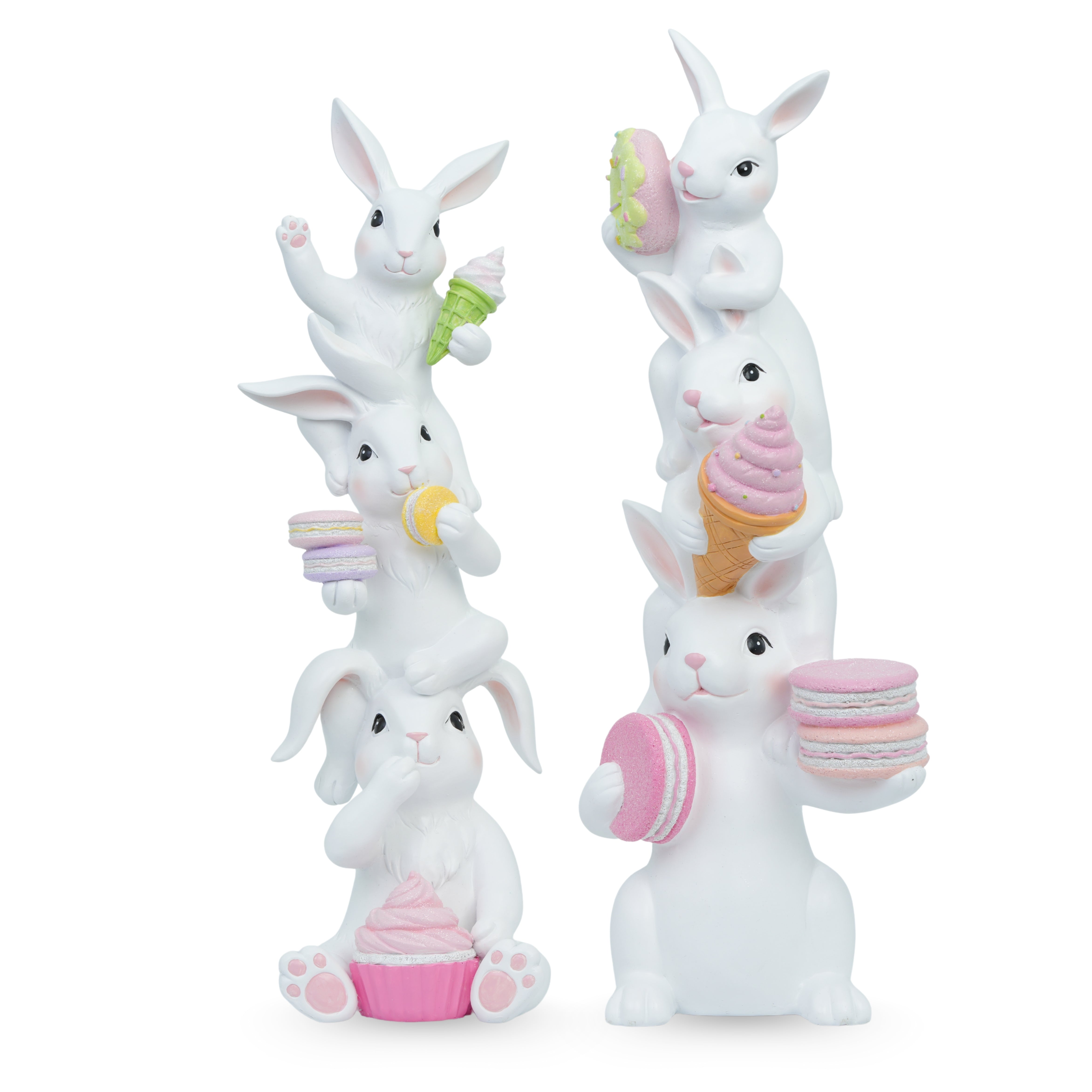 Set 2 Obelisco Conigli candy, in resina,17x16x47cm, decorazione per pasqua, idea regalo