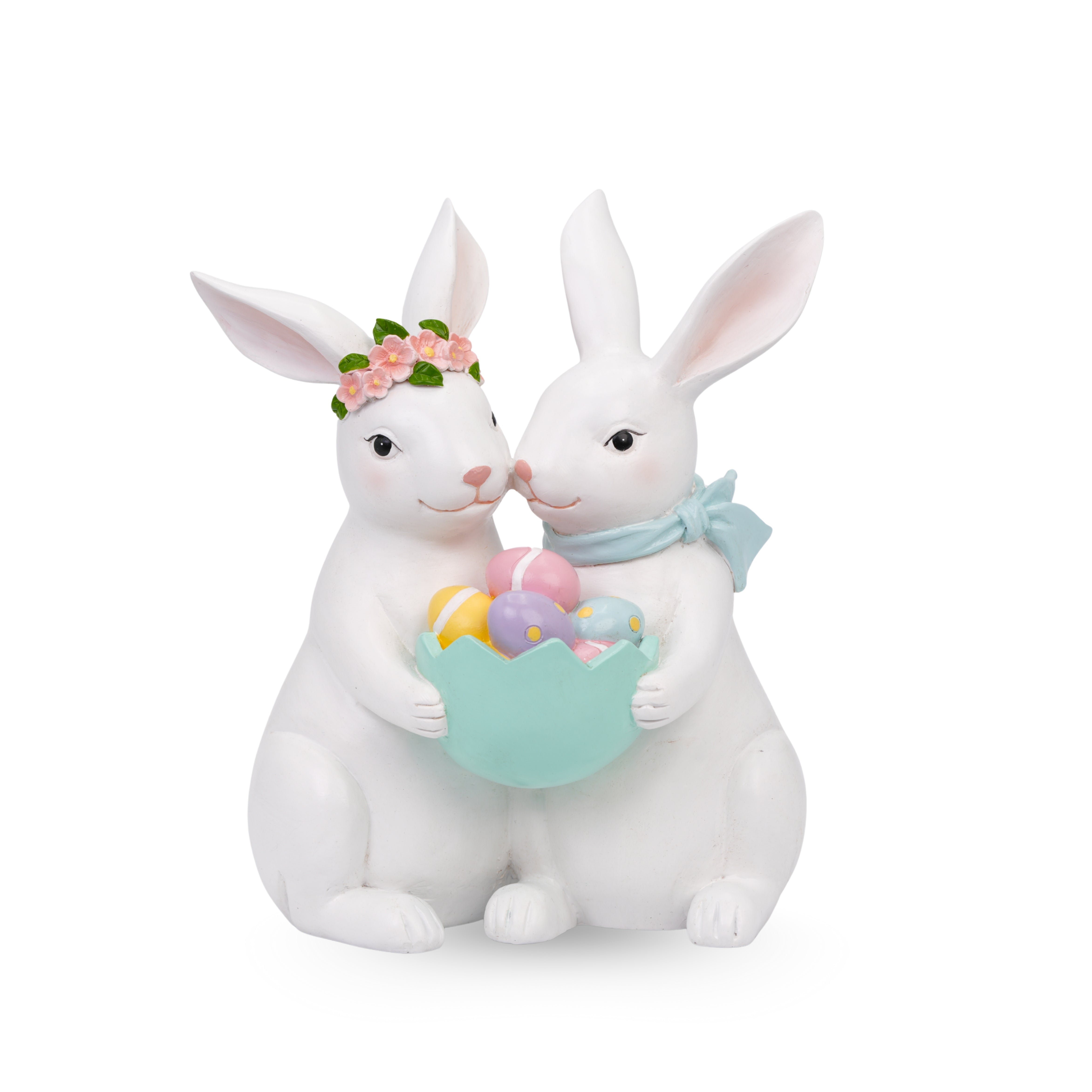 Coppia di Conigli con cestino pasquale, in resina,21x14x25cm, decorazione per pasqua, idea regalo