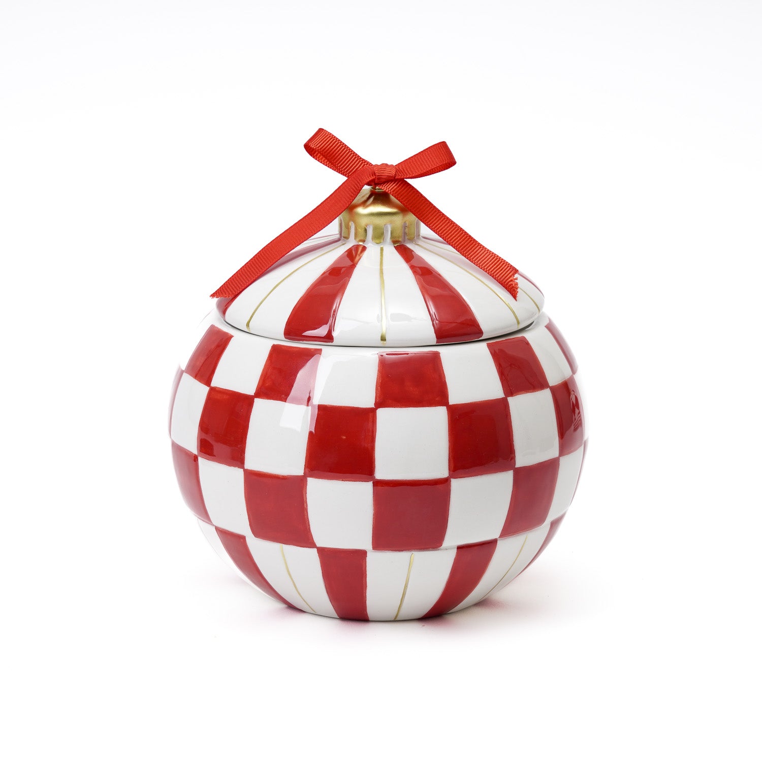 Barattolo sfera in ceramica, motivo a scacchi rosso e bianco, 18x18CM