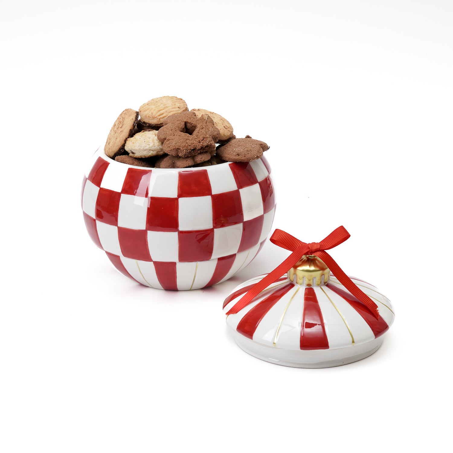 Barattolo sfera in ceramica, motivo a scacchi rosso e bianco, 18x18CM